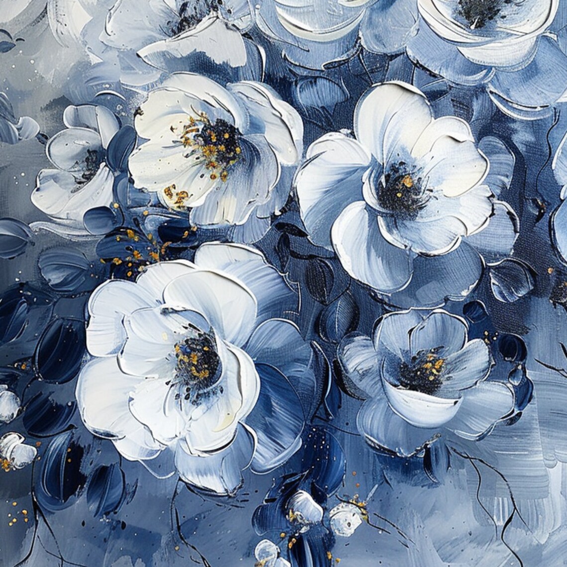 Elegant White Anemone Flowers on Deep Blue with Gold Speckle Poster - Image 5