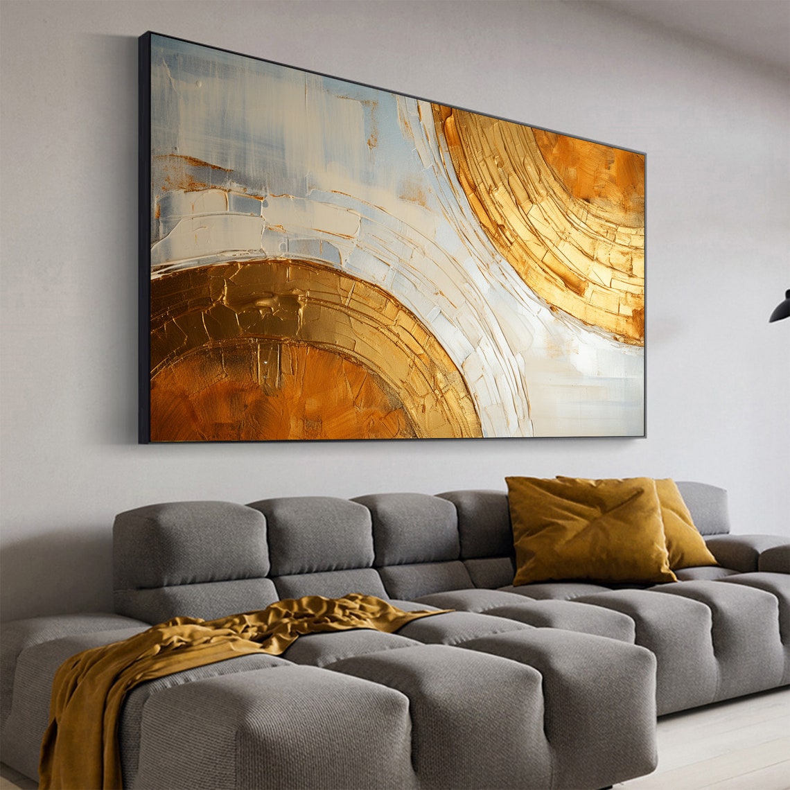 Gold White Double Circle Arcs Abstract Textured Painting Poster - Image 6