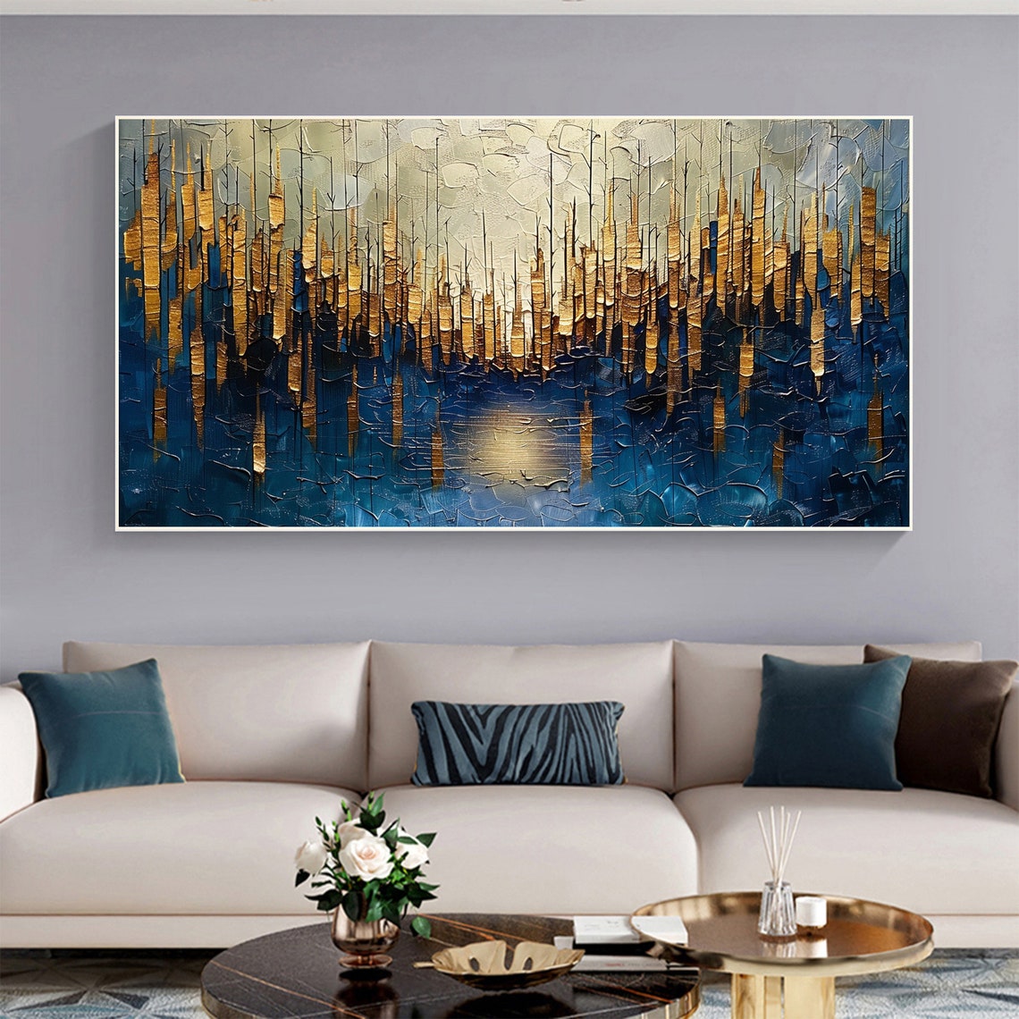 Golden Stalactite Drips Over Deep Blue Moonlit Water Scene Poster - Image 3