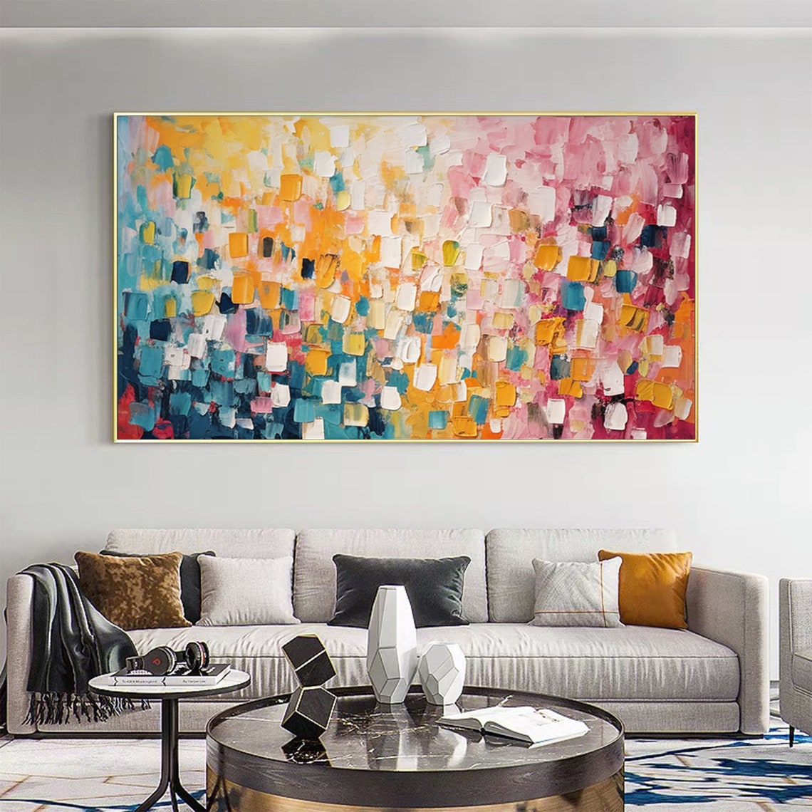 Colorful Mosaic Squares Abstract Pink Blue Yellow Art Poster - Image 6