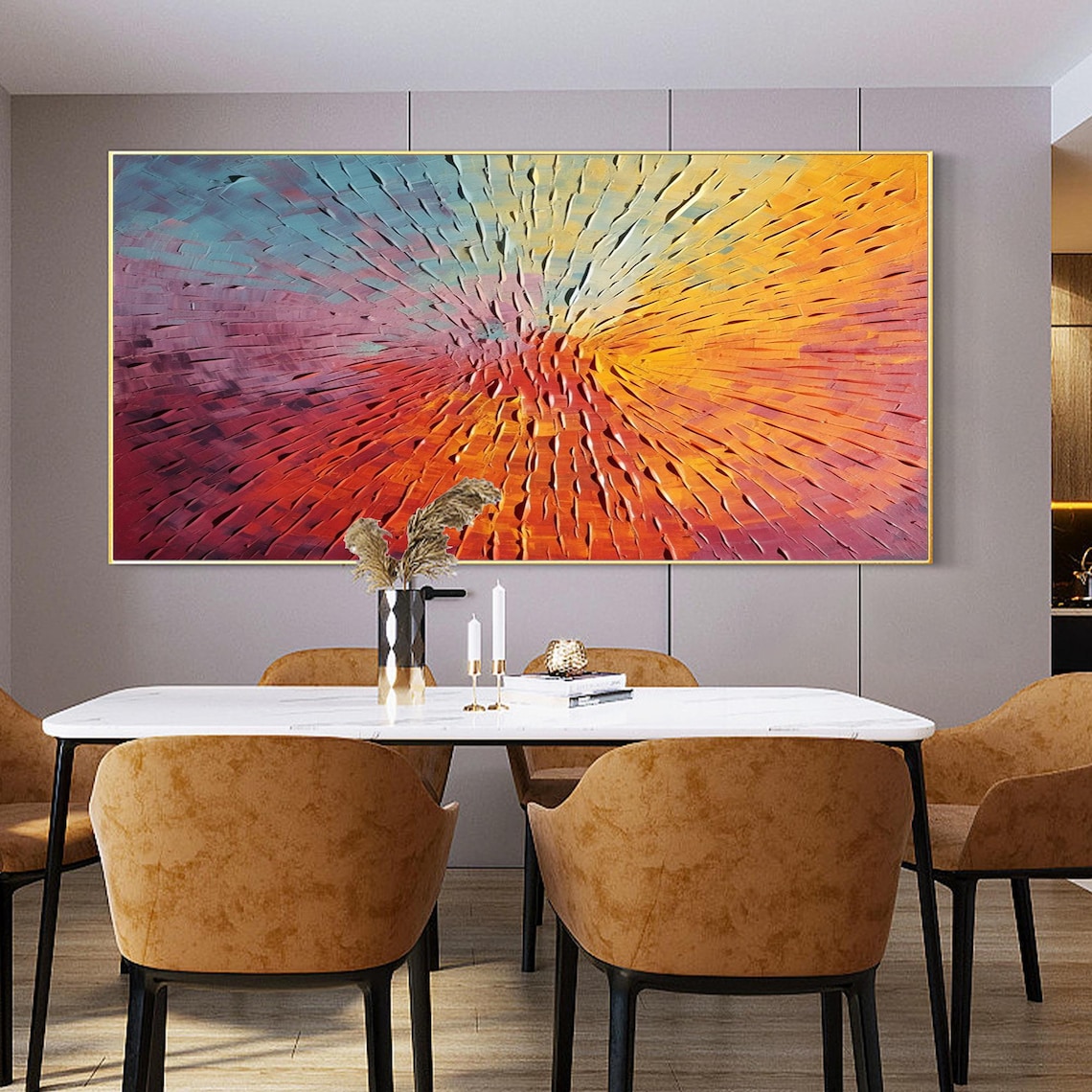 Radiant Teal to Ember Abstract Sunburst Carved Texture Art Poster - Image 4