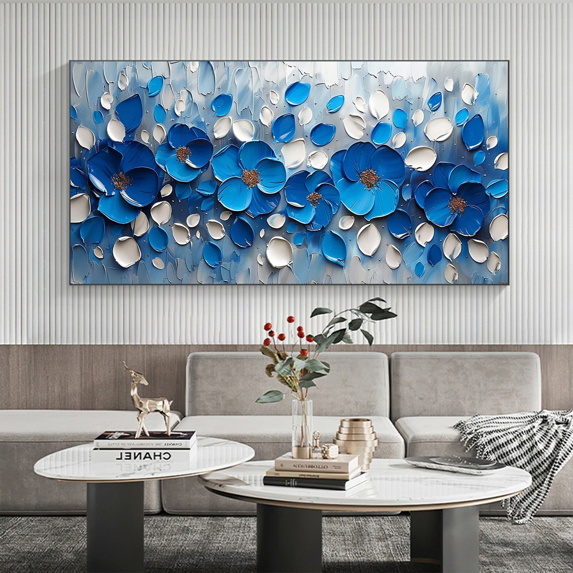 Blue Blossoms with Gold Centers on Textured Aqua Canvas Poster - Image 3