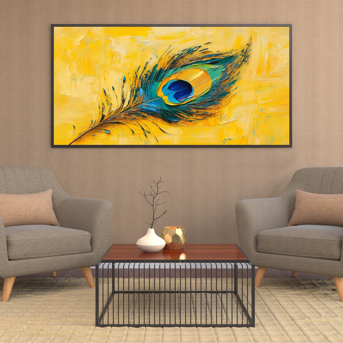 Peacock Feather on Bright Yellow Textured Oil Painting Poster - Image 3