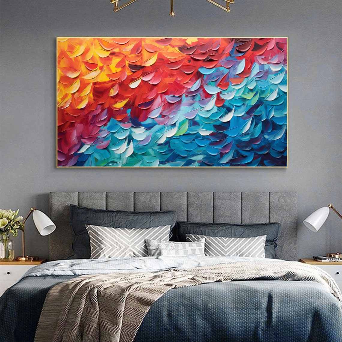 Fiery Orange to Turquoise Leaf Pattern Abstract Impasto Poster - Image 2