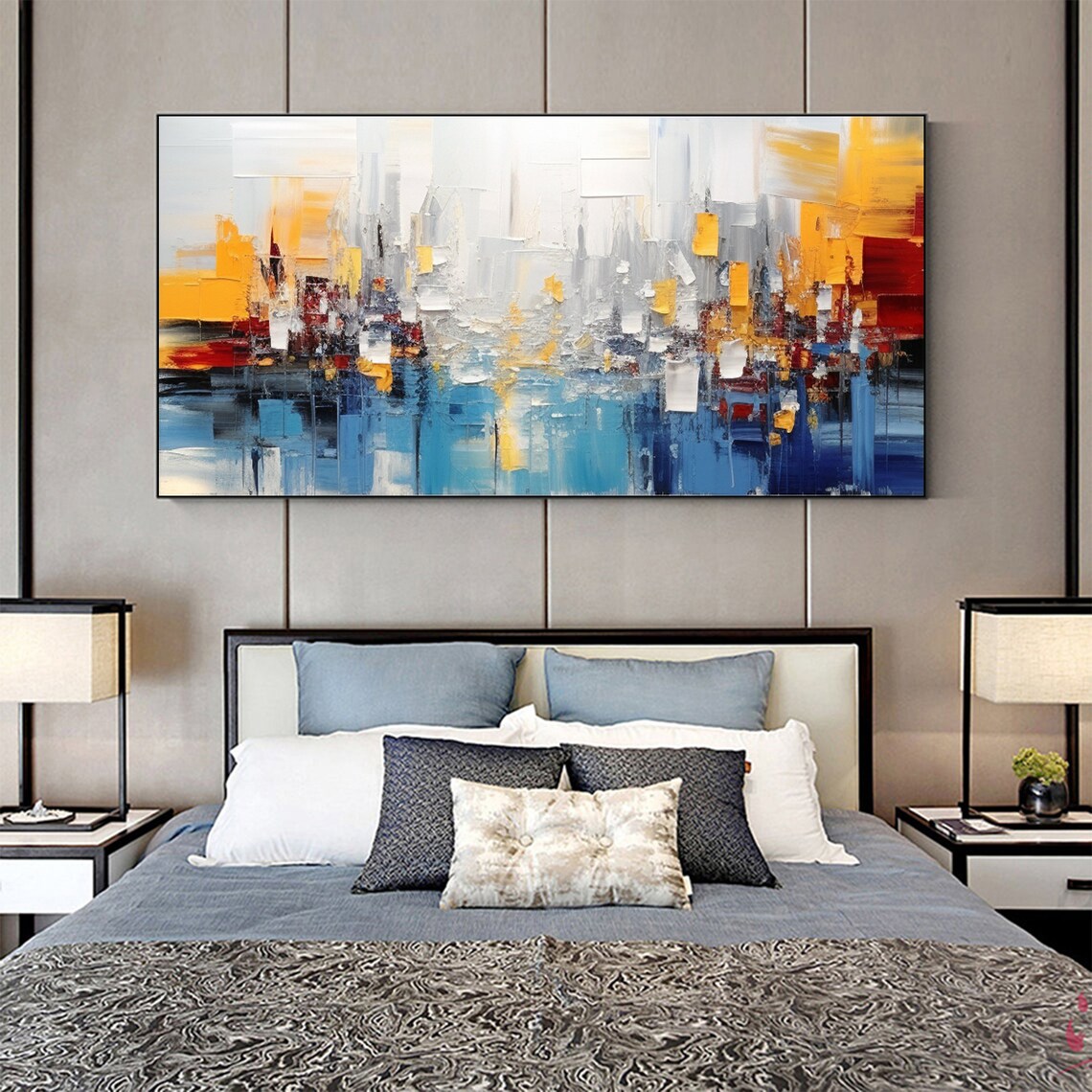Abstract Blue White and Gold Cityscape Texture Art Oil Poster - Image 2