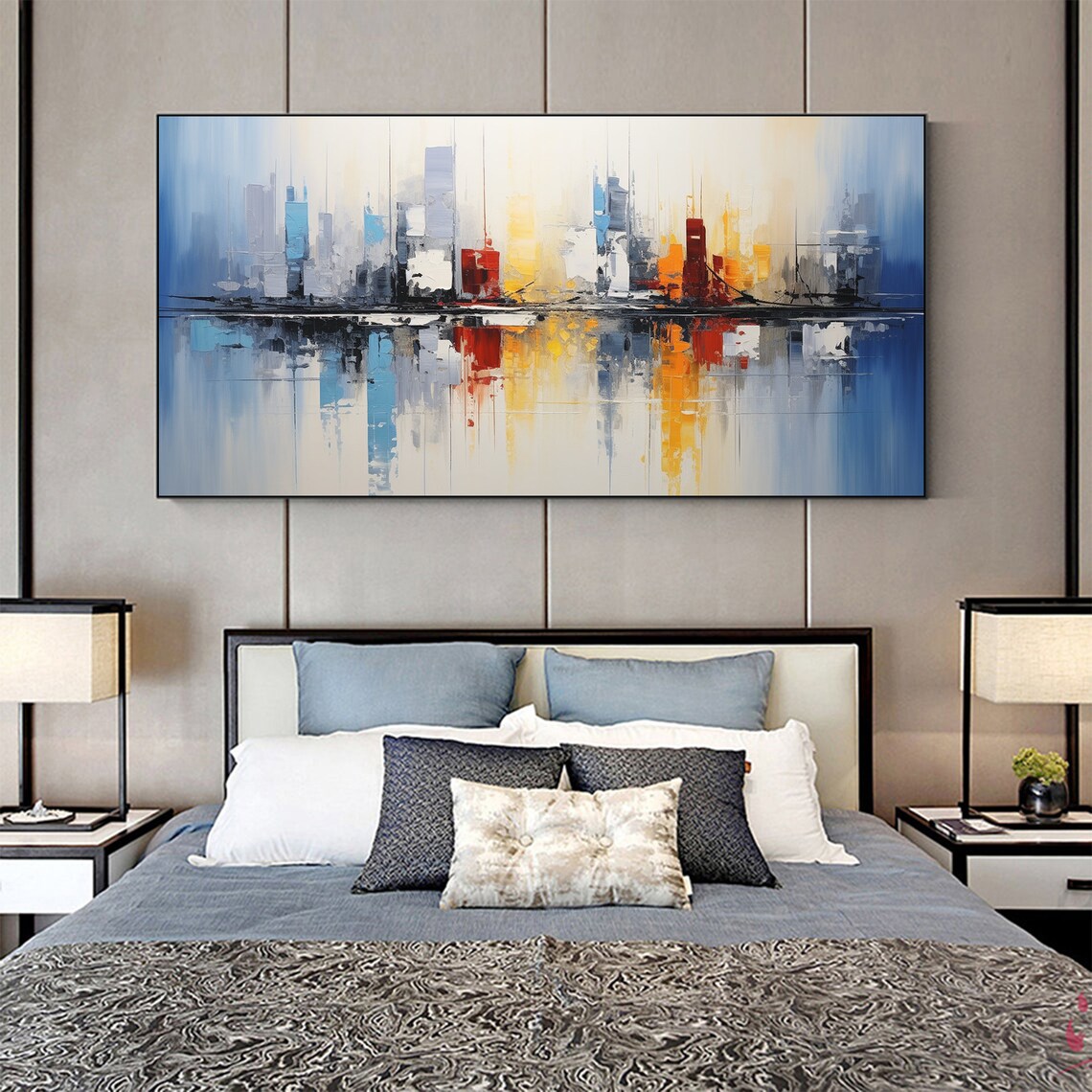 Abstract Ocean Cityscape Oil Painting, Custom Art Print - Image 3