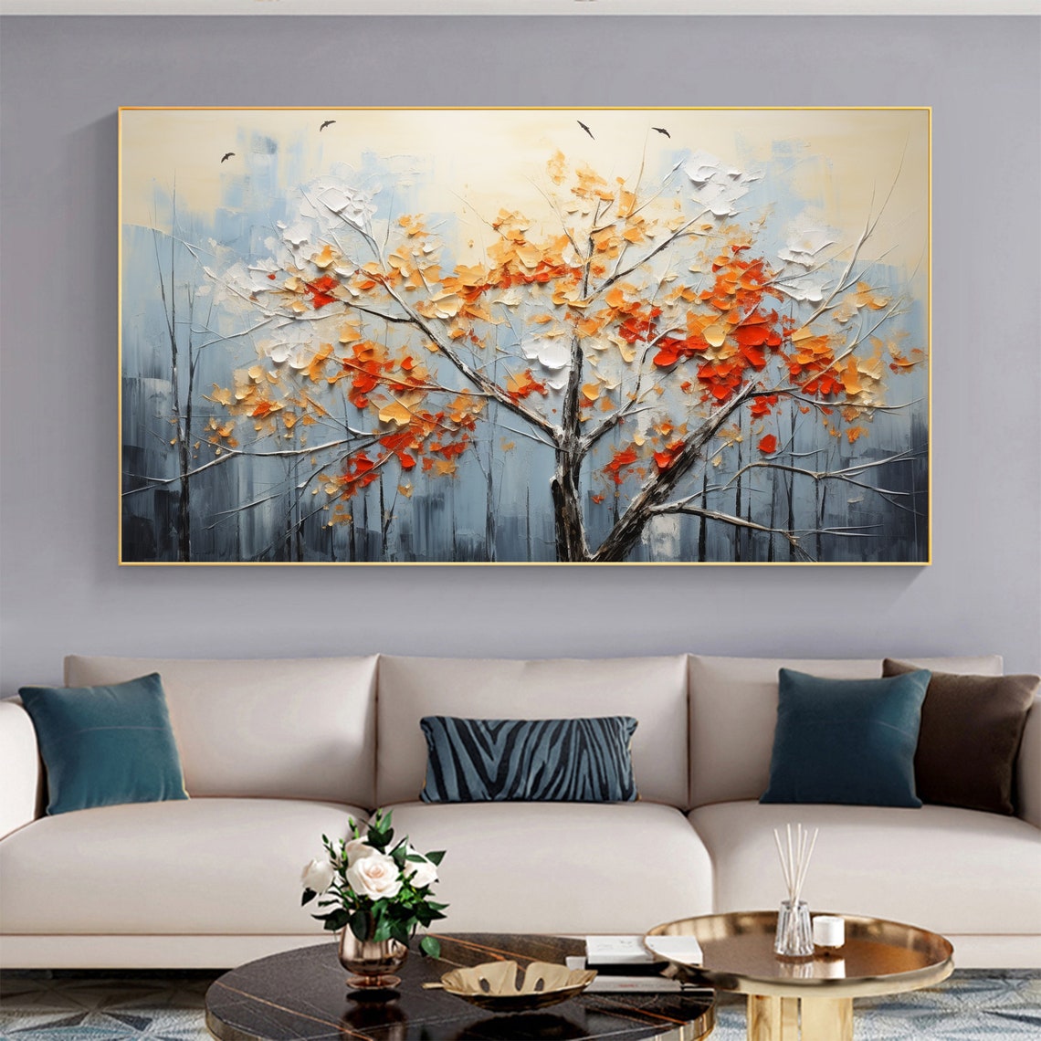 Lone Autumn Tree with Orange Blossoms and Birds in Mist Poster - Image 3