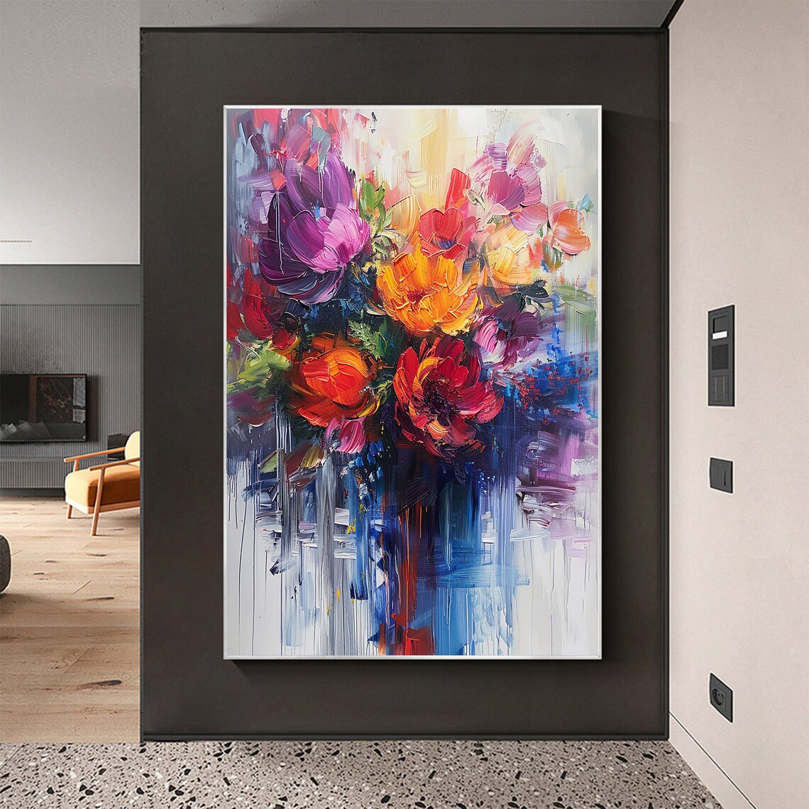 Bold Red Orange Purple Flower Bouquet Thick Impasto Art Poster - Image 4