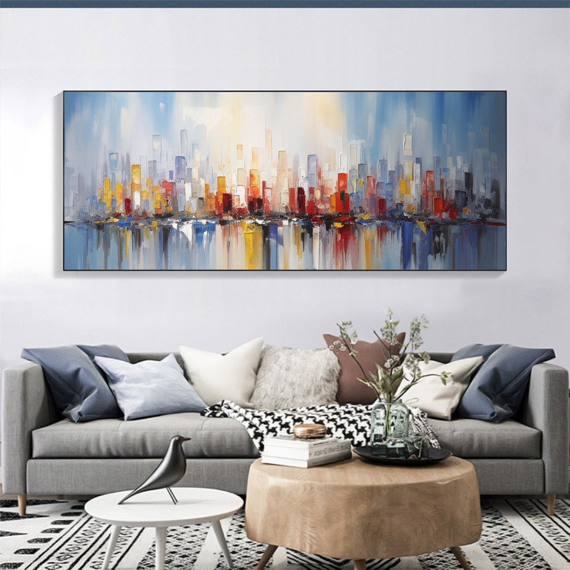 Colorful Abstract City Skyline Reflection in Water Art Poster - Image 3