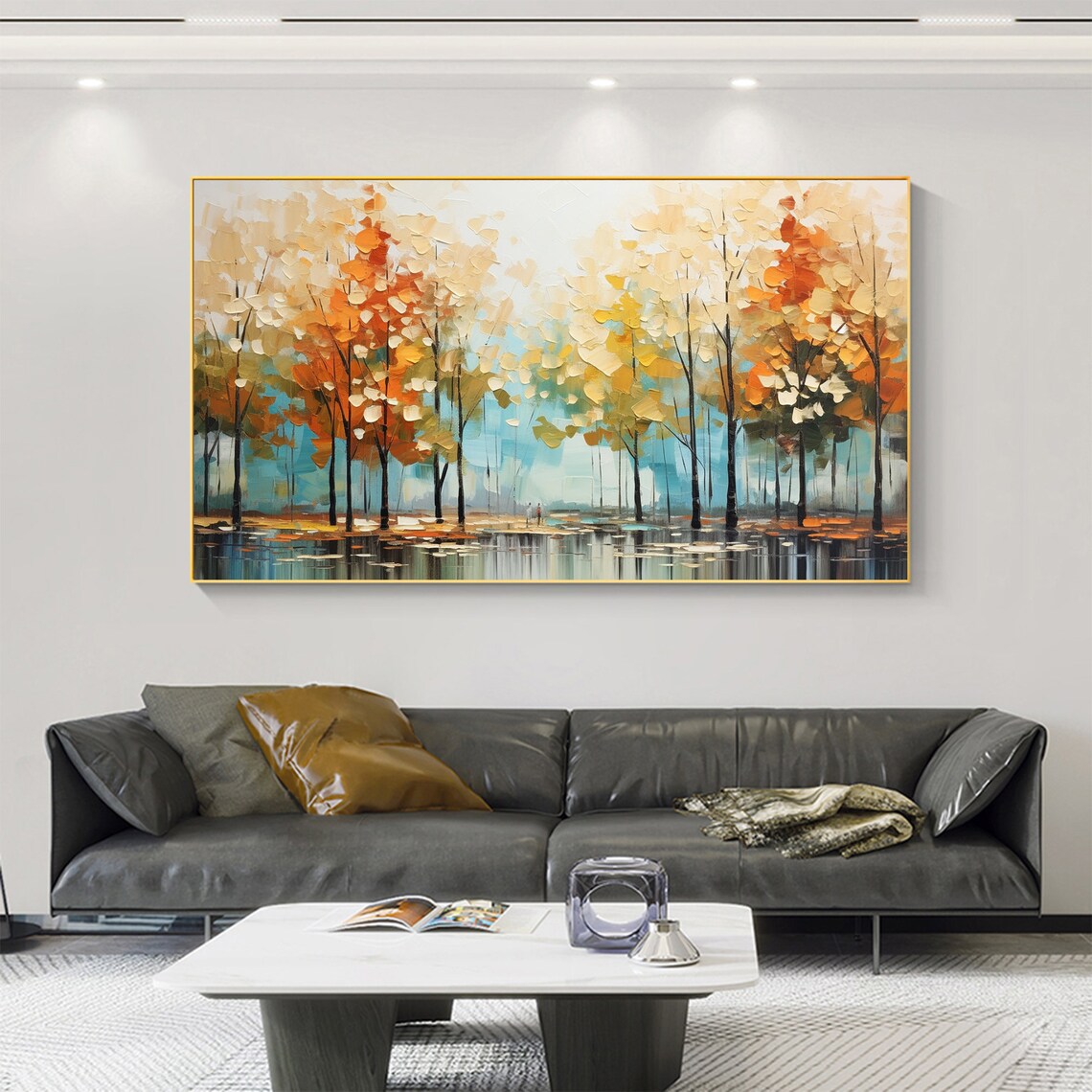 Golden Autumn Forest Trees Reflecting on a Tranquil Blue Lake Poster - Image 2
