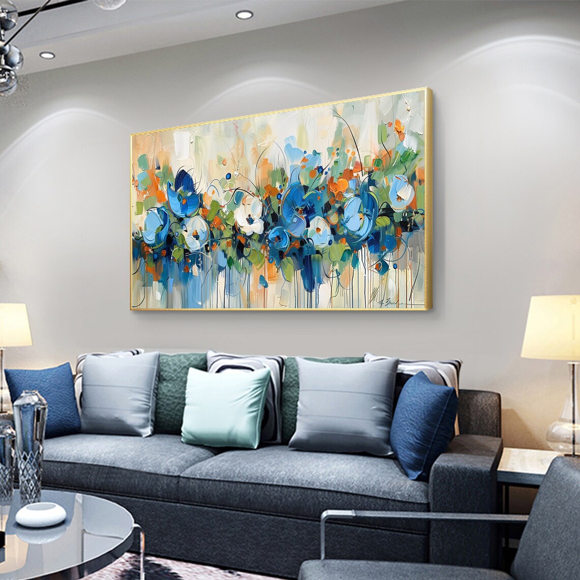 Blue Floral Blooms Orange Accents Loose Abstract Painting Poster - Image 6