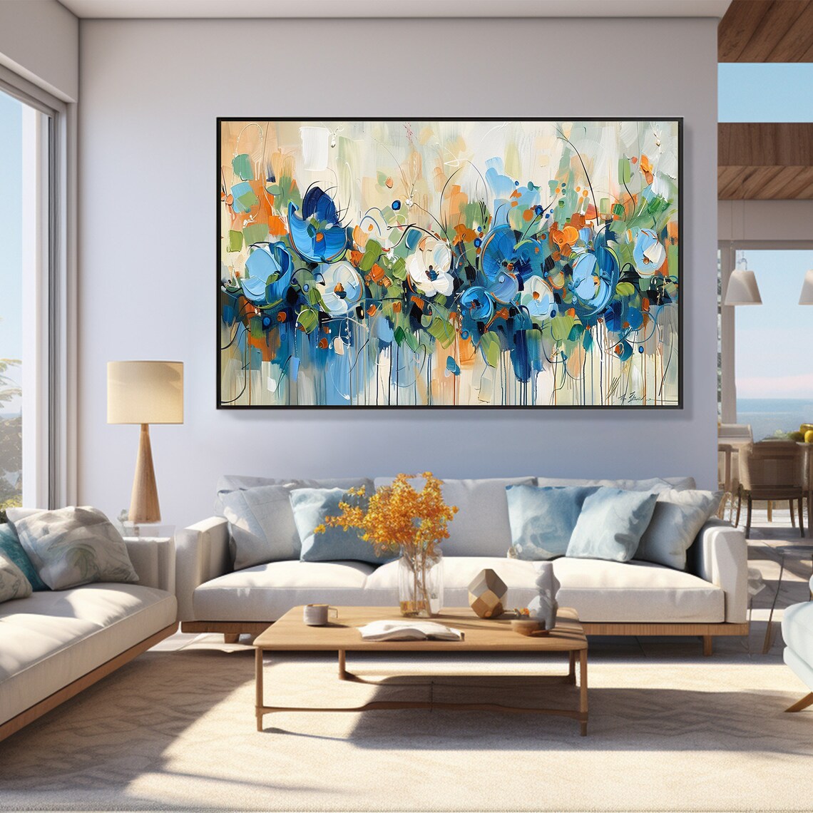 Blue Floral Blooms Orange Accents Loose Abstract Painting Poster - Image 4