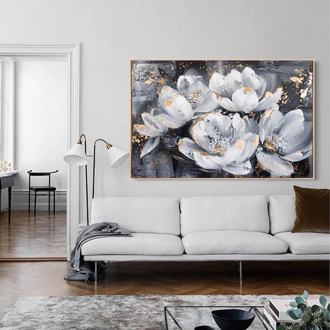 Abstract Gardenia Oil Painting With Gold Accents On Black And Grey Background Textured 3d Floral Art For Living Room Bedroom And Entryway - Image 2
