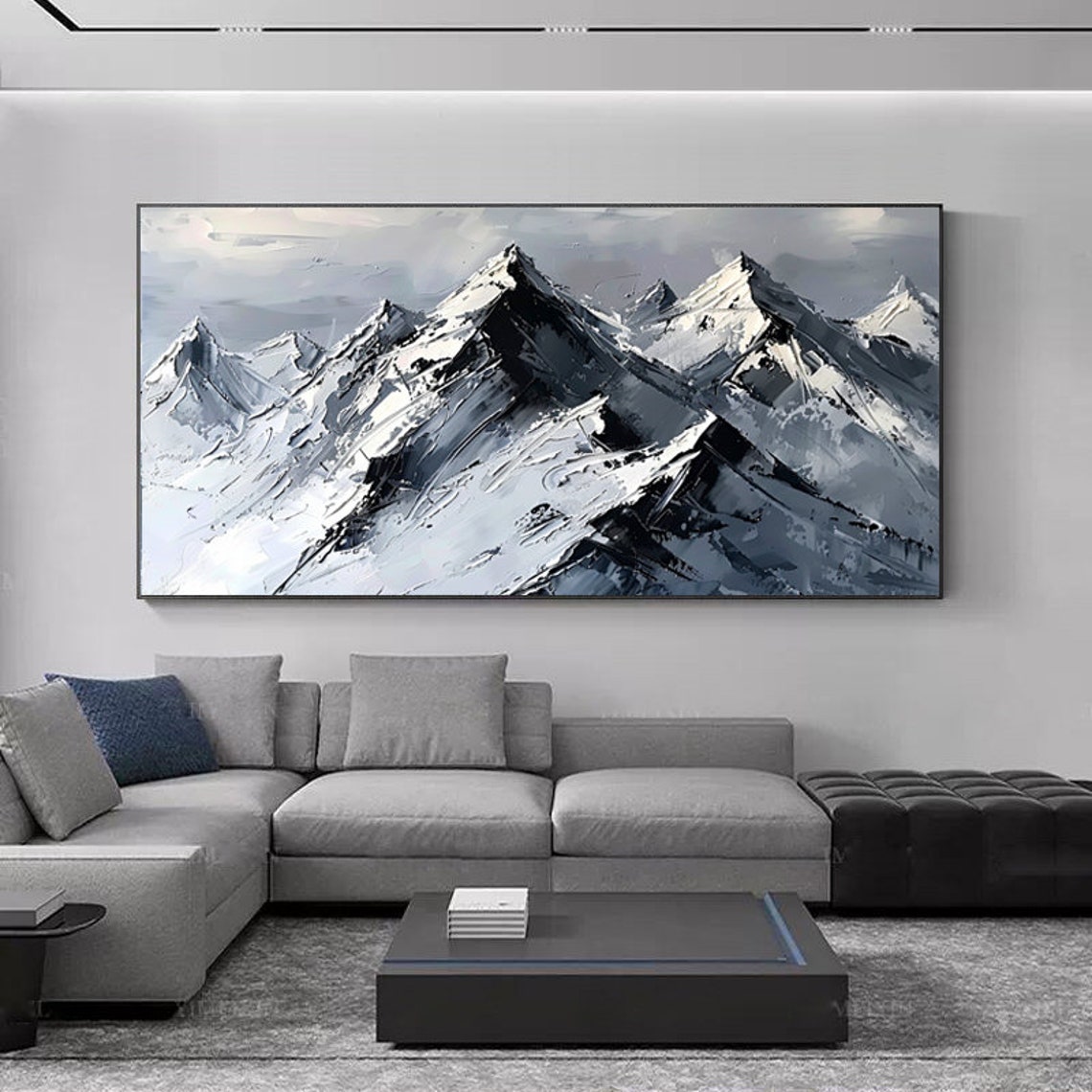 Monochrome Alpine Ridge Panorama Snowy Peaks Mountain Painting Poster - Image 6