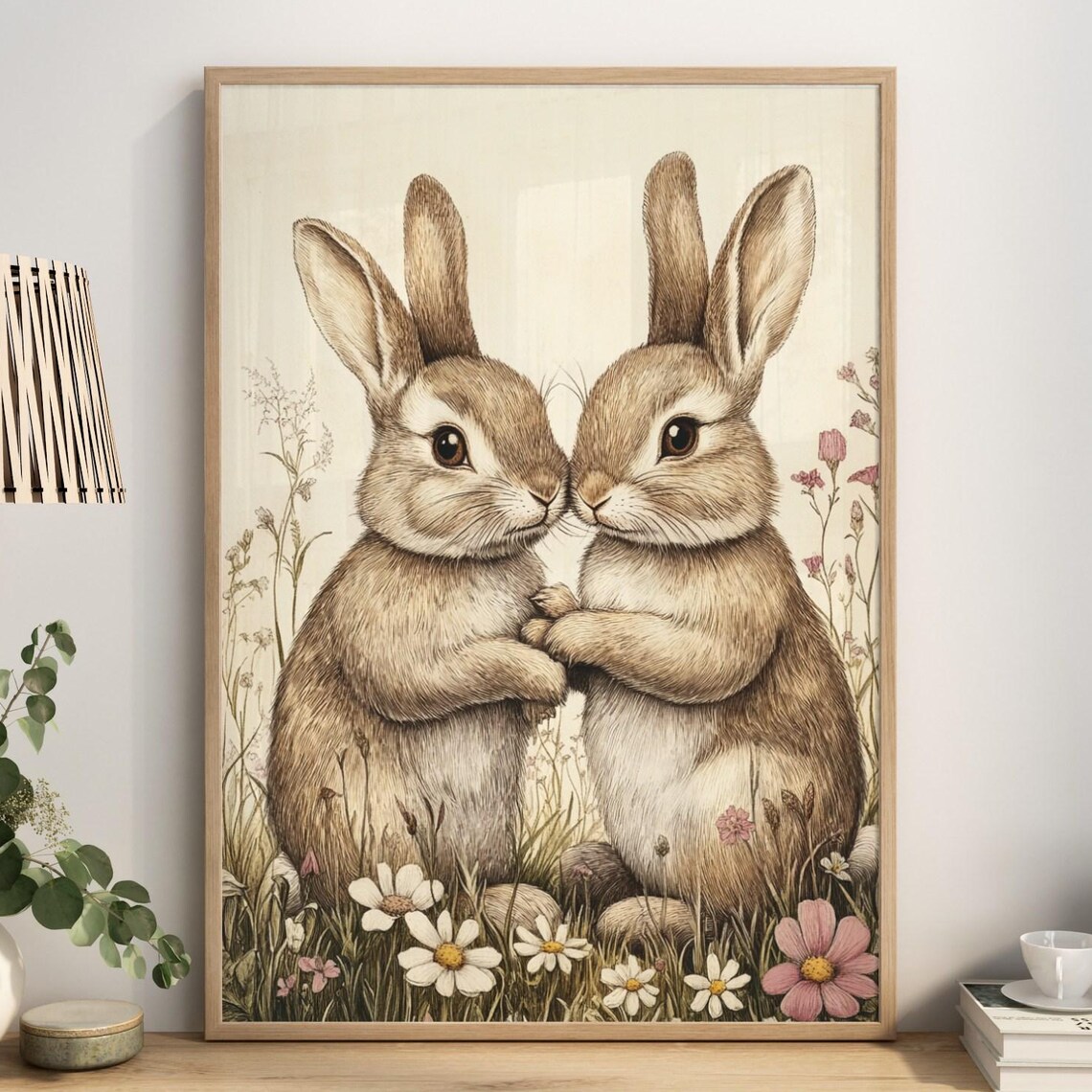 Two Easter Bunnies, Vintage Watercolour Botanical Poster