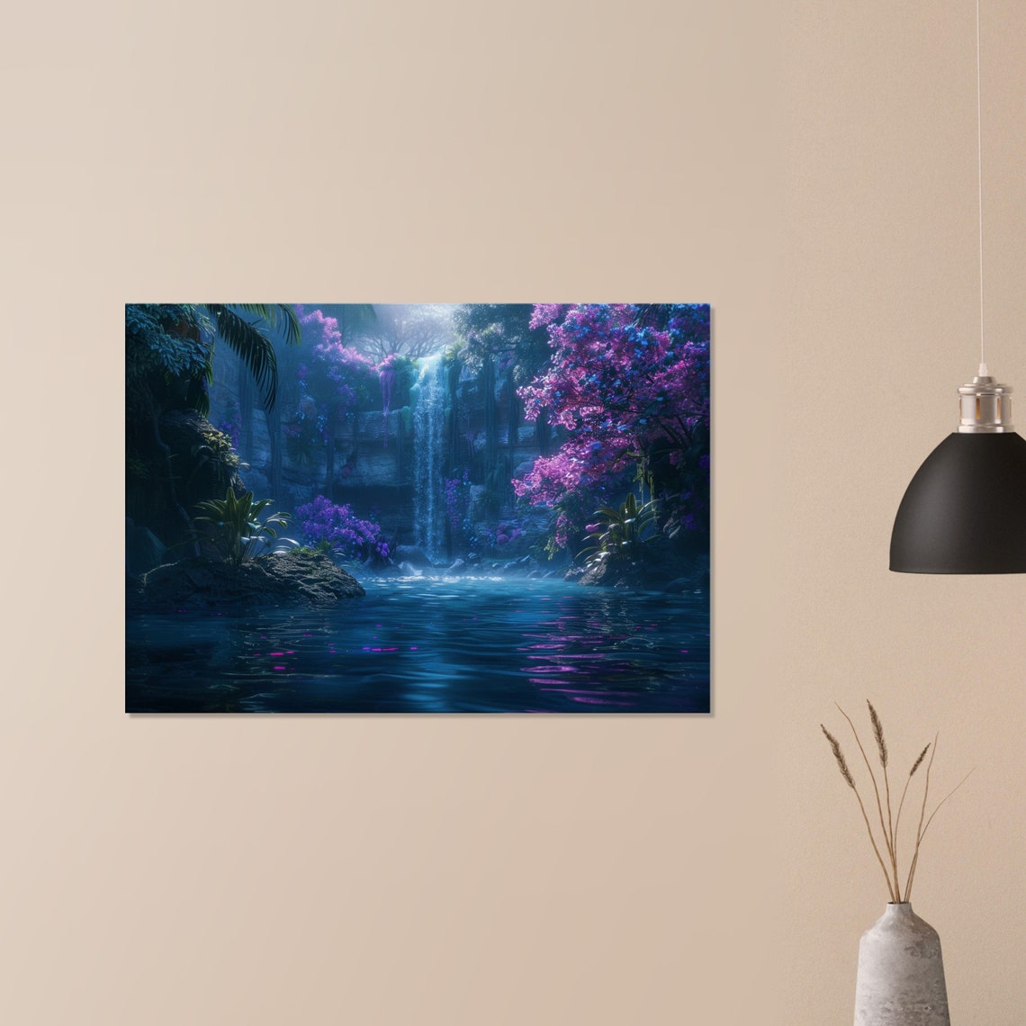 Fairytale Forest Waterfall Purple Blossom Enchanted Nature Art Poster - Image 2