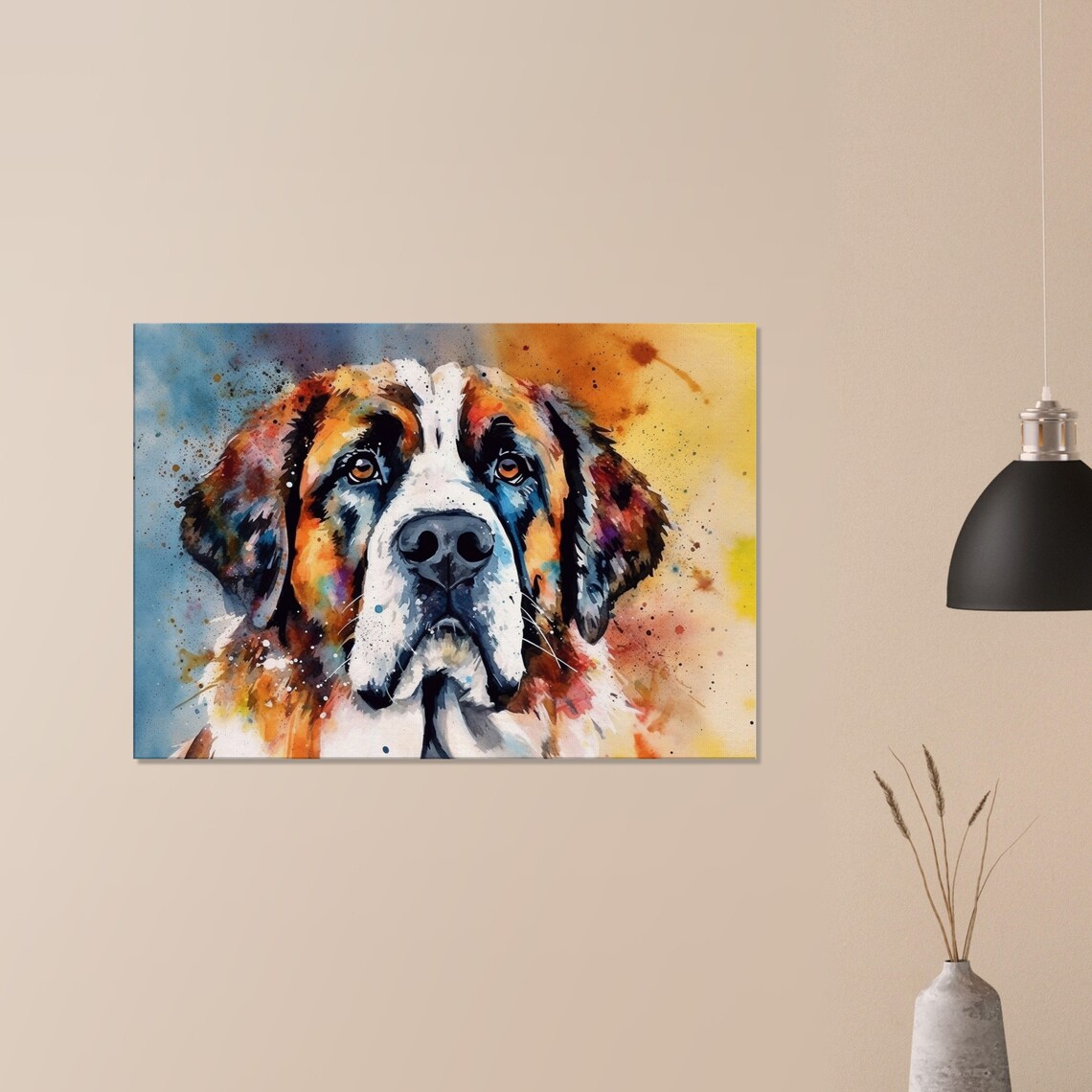 St Bernard Watercolour Portrait Colourful Splash Gentle Giant Dog Art Poster - Image 3