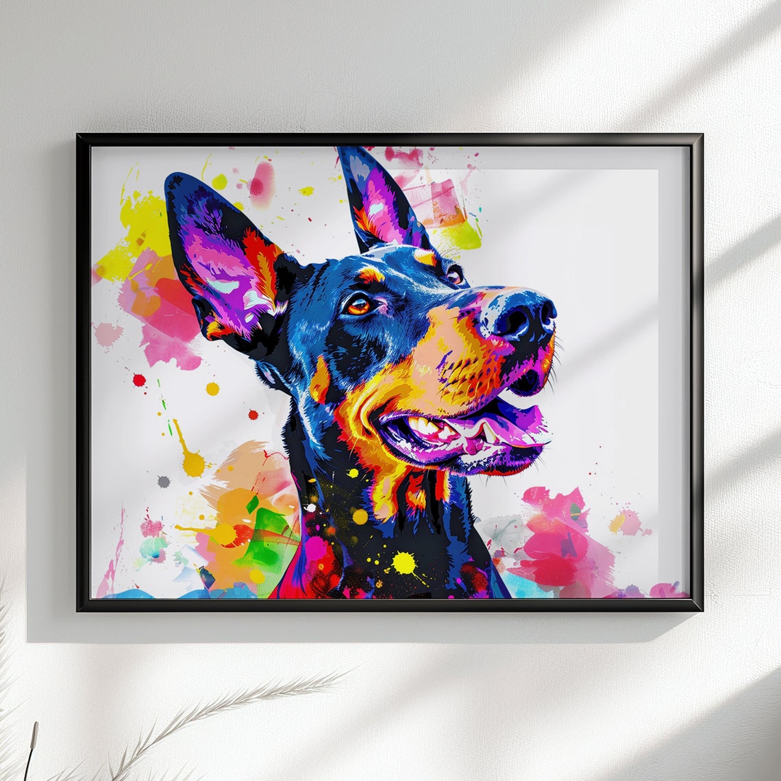Smiling Dobermann Pop Art Portrait Vibrant Paint Splash Art Poster