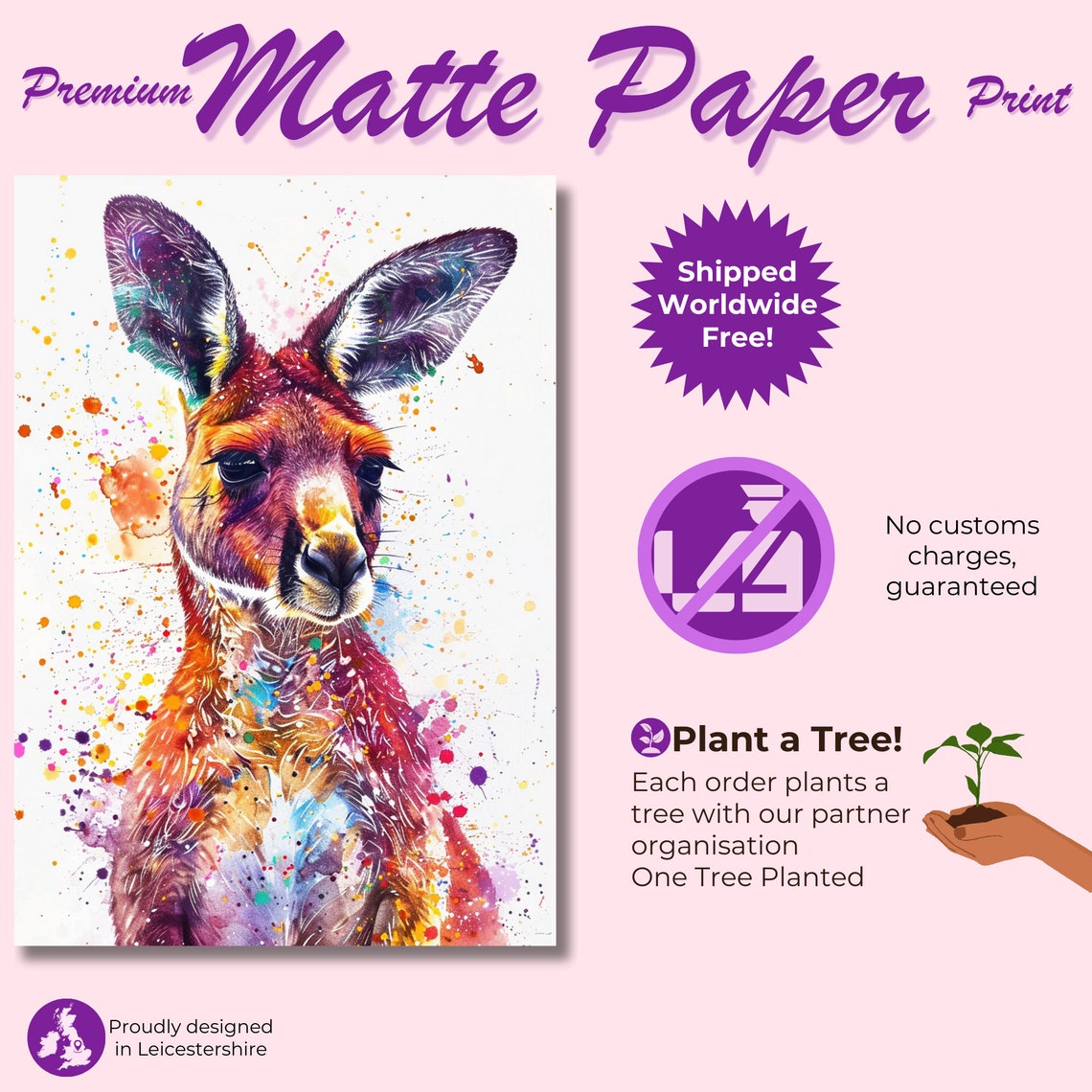 Vibrant Fiery Red Kangaroo Watercolor Portrait Splash Animal Poster - Image 3