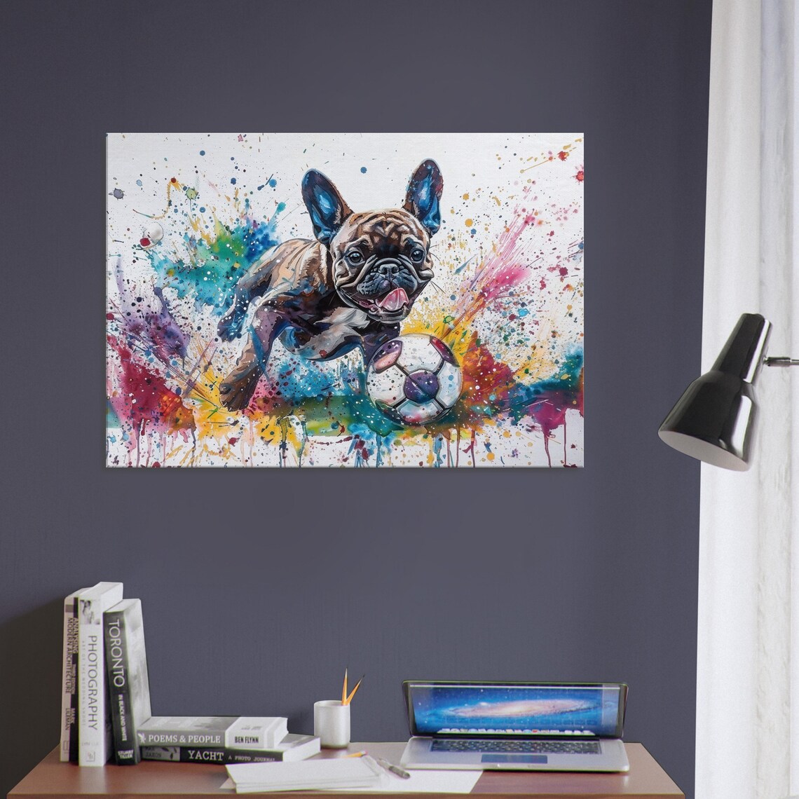 French Bulldog Soccer Kick Jumping Puppy Watercolor Splash Poster - Image 3