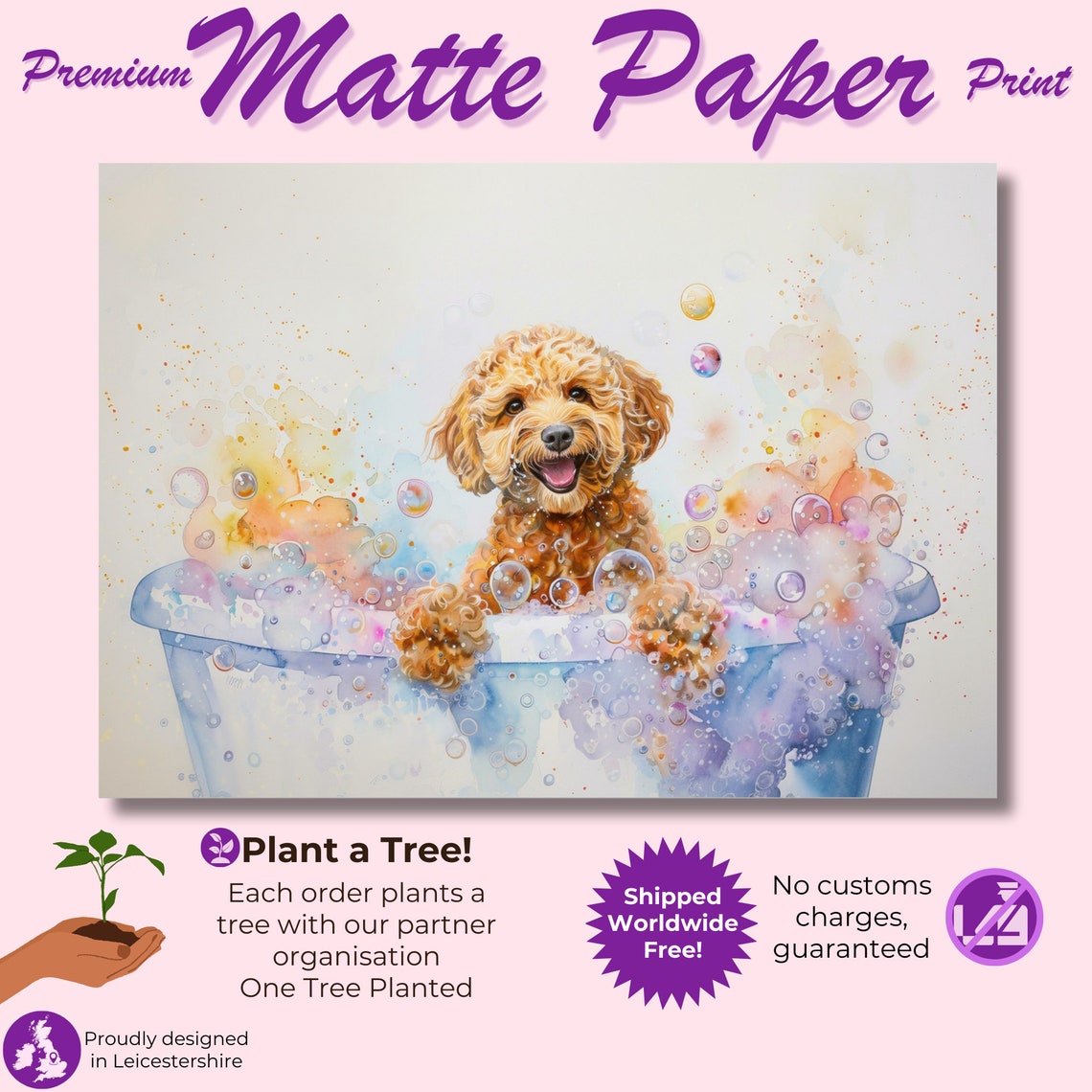 Golden Cockapoo Puppy Bath Time Colourful Watercolour Pet Poster - Image 3