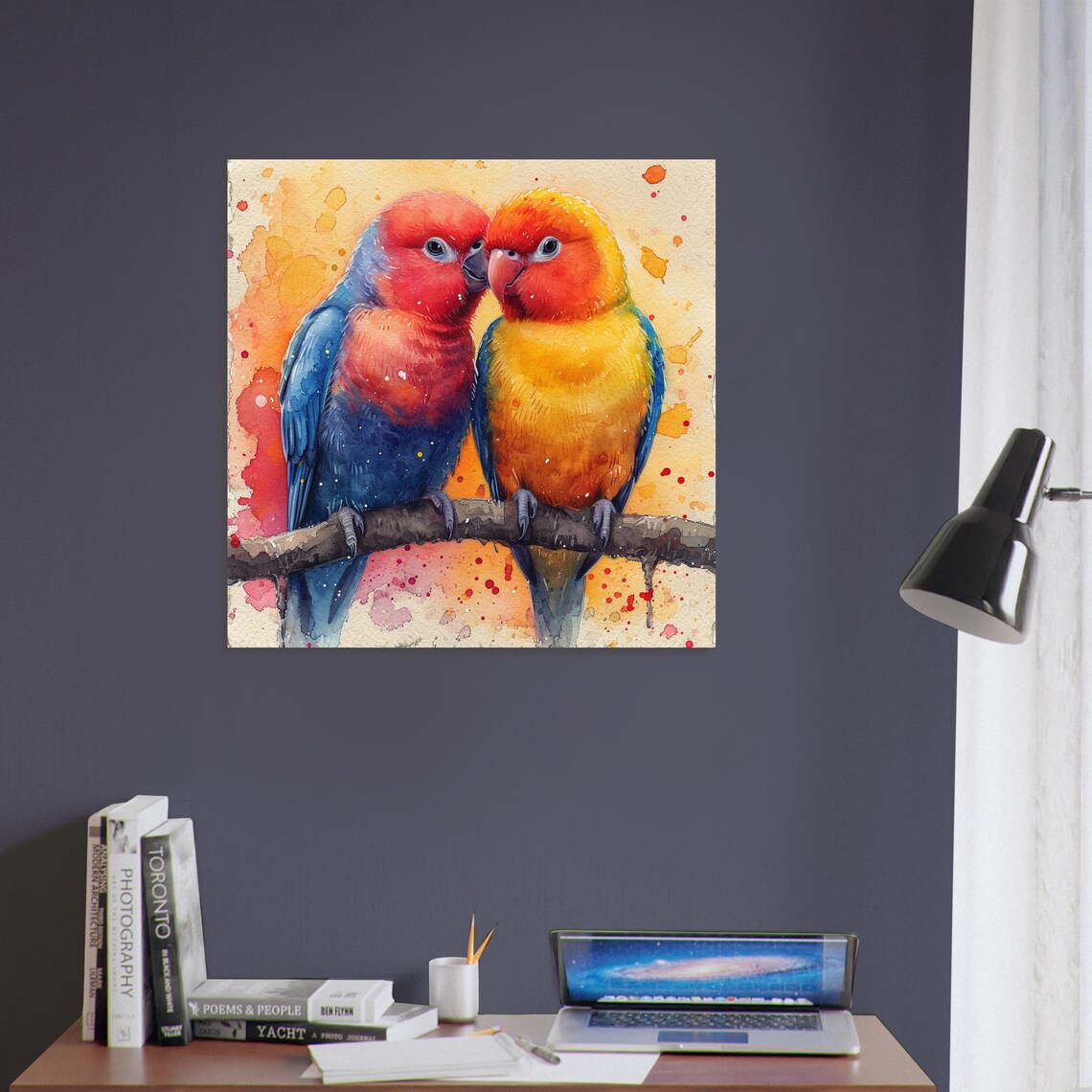 Two Lovebirds Watercolor Parrots on Branch Romantic Bird Art Poster - Image 3