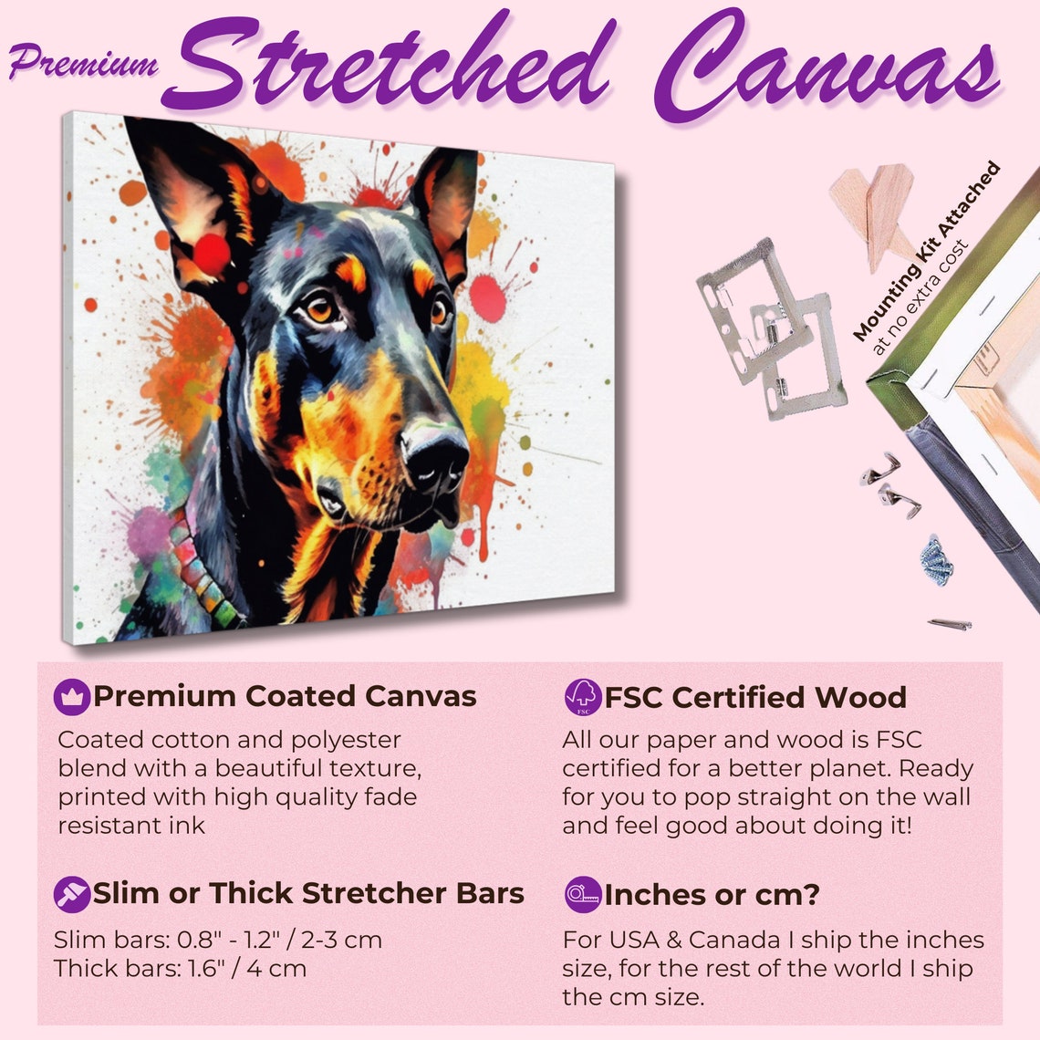 Dobermann Watercolour Portrait Beaded Collar Paint Splash Art Poster - Image 2