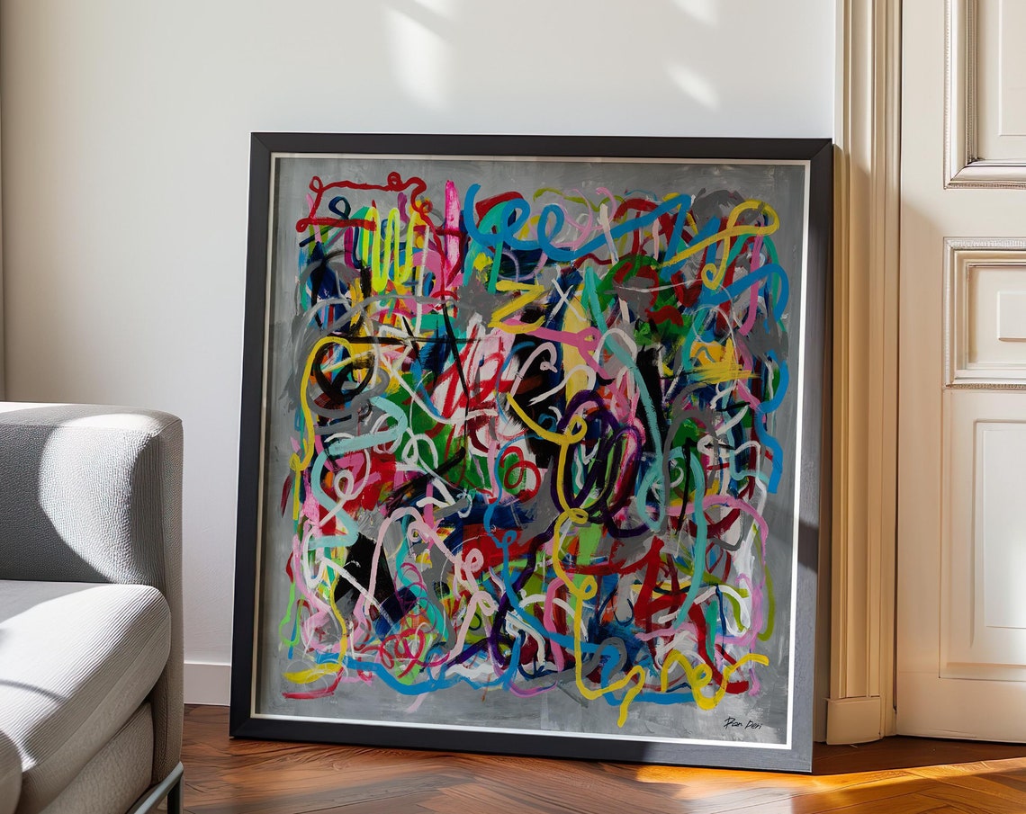 Neon Rainbow Scribbles on Gray Square Modern Abstract Poster