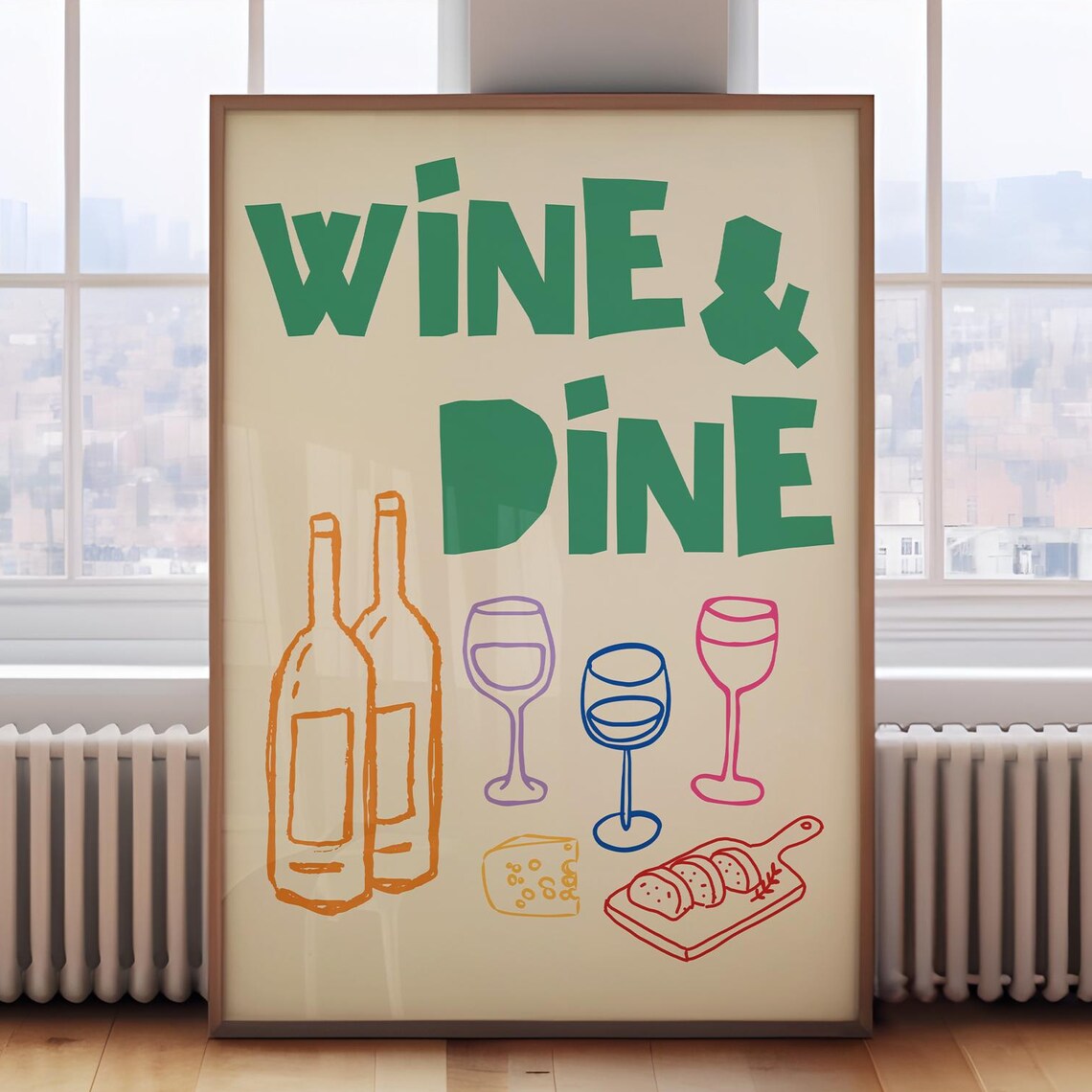 Wine and Dine Green Hand Lettered Kitchen Bar Party Quote Poster