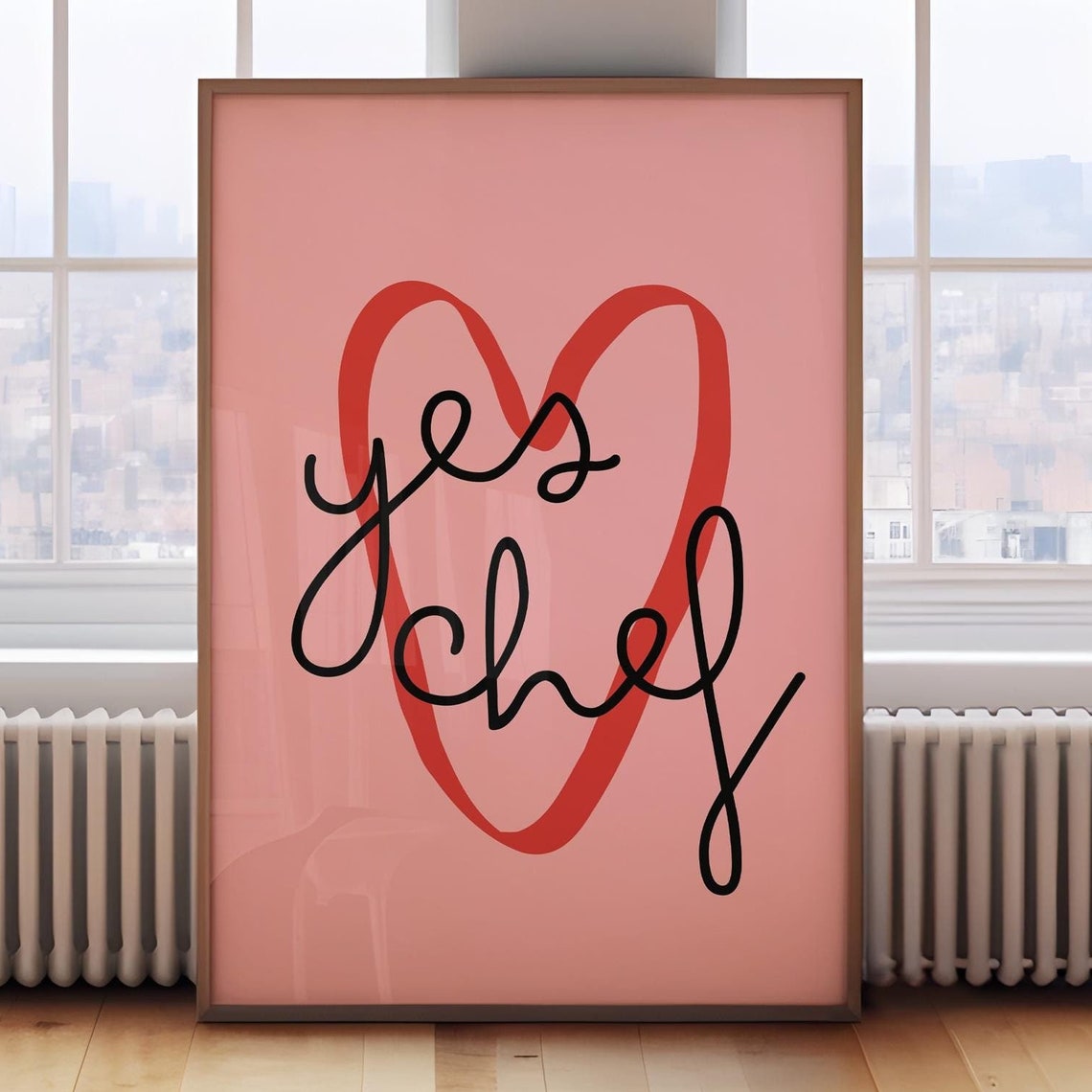Yes Chef Script Heart Pink Trendy Kitchen Quote Wall Art Decor