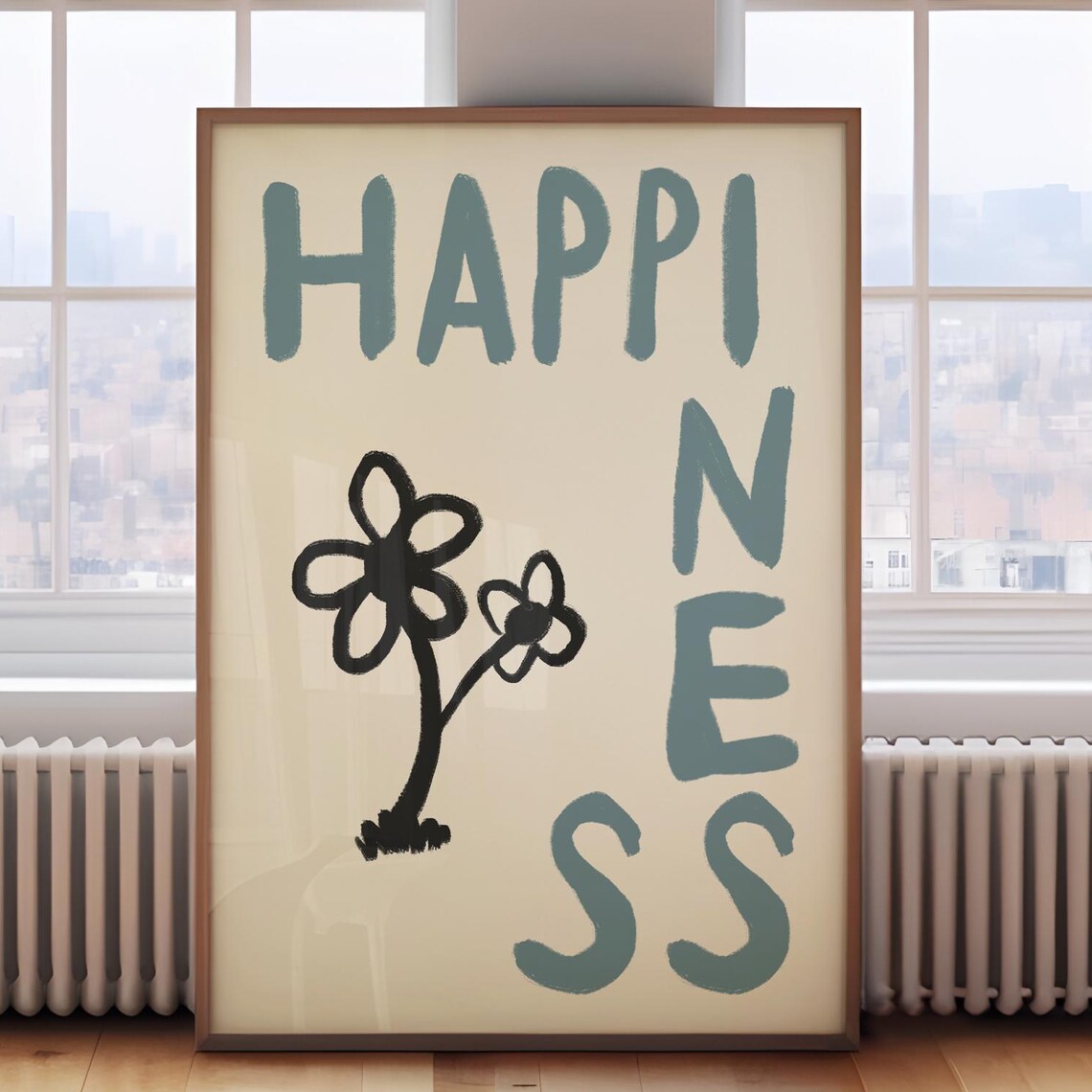 Happiness Stacked Lettering Dusty Blue Black Daisy Art Wall Poster