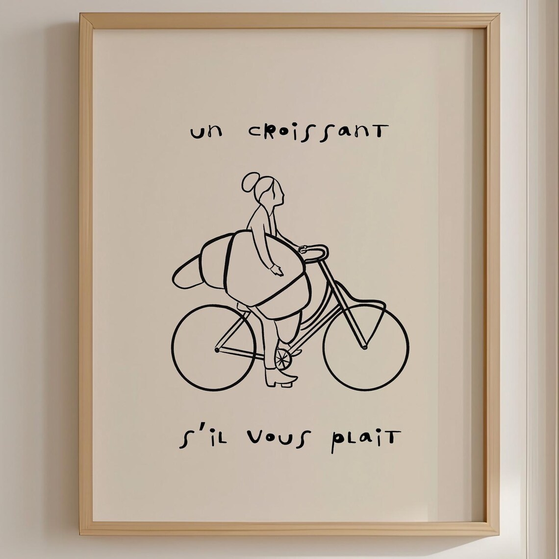 Un Croissant French Line Art Bicycle Girl Minimalist Cafe Poster