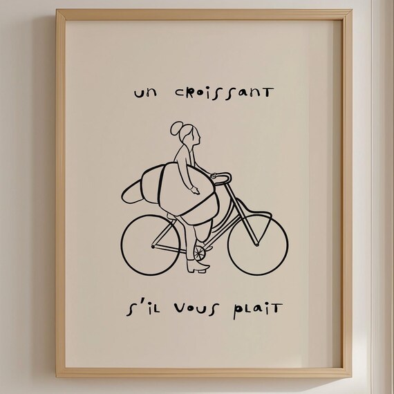 Un Croissant French Line Art Bicycle Girl Minimalist Cafe Poster