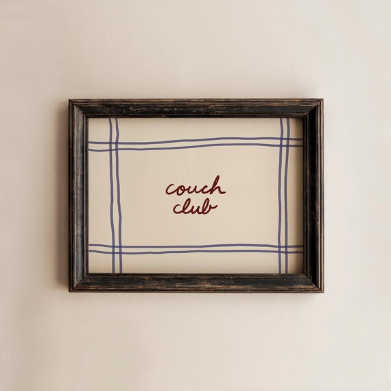 Couch Club Handwritten Script Cream Plaid Cozy Living Room Wall Art