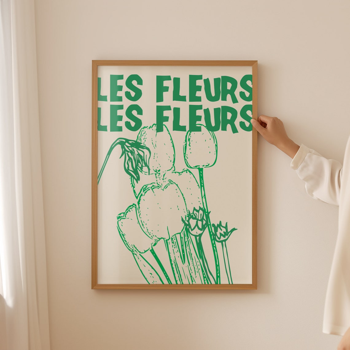 Les Fleurs Green Tulip Botanical Ink Drawing French Floral Art Poster - Image 3