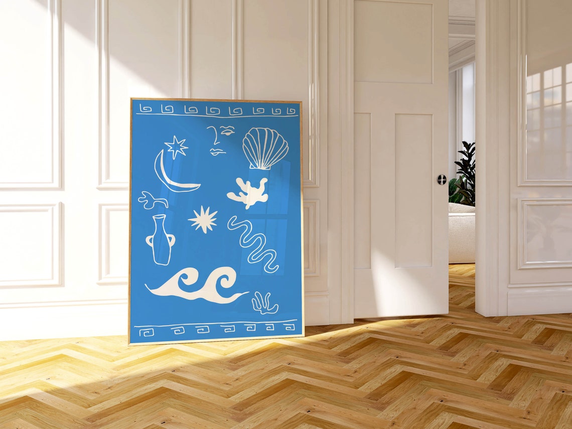 Greek Sea Motifs White On Cobalt Blue Coastal Mediterranean Art Poster - Image 2