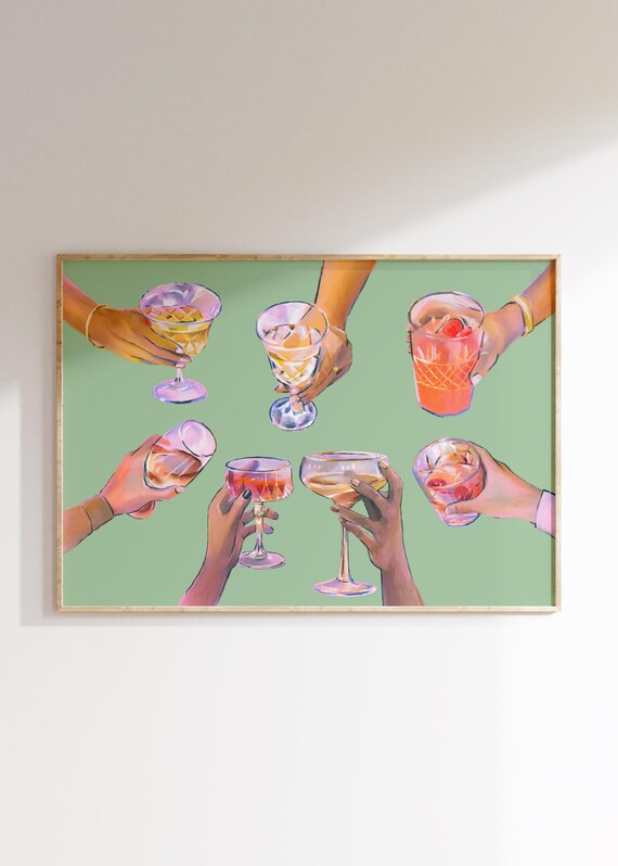 Cocktail Cheers Toasting Hands Green Background Bar Art Print