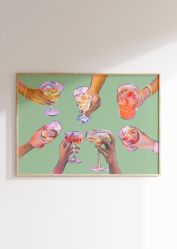 Colorful Cocktail Party Poster Modern Bar Decor Festive Drink Illustration Trendy Green Home Art