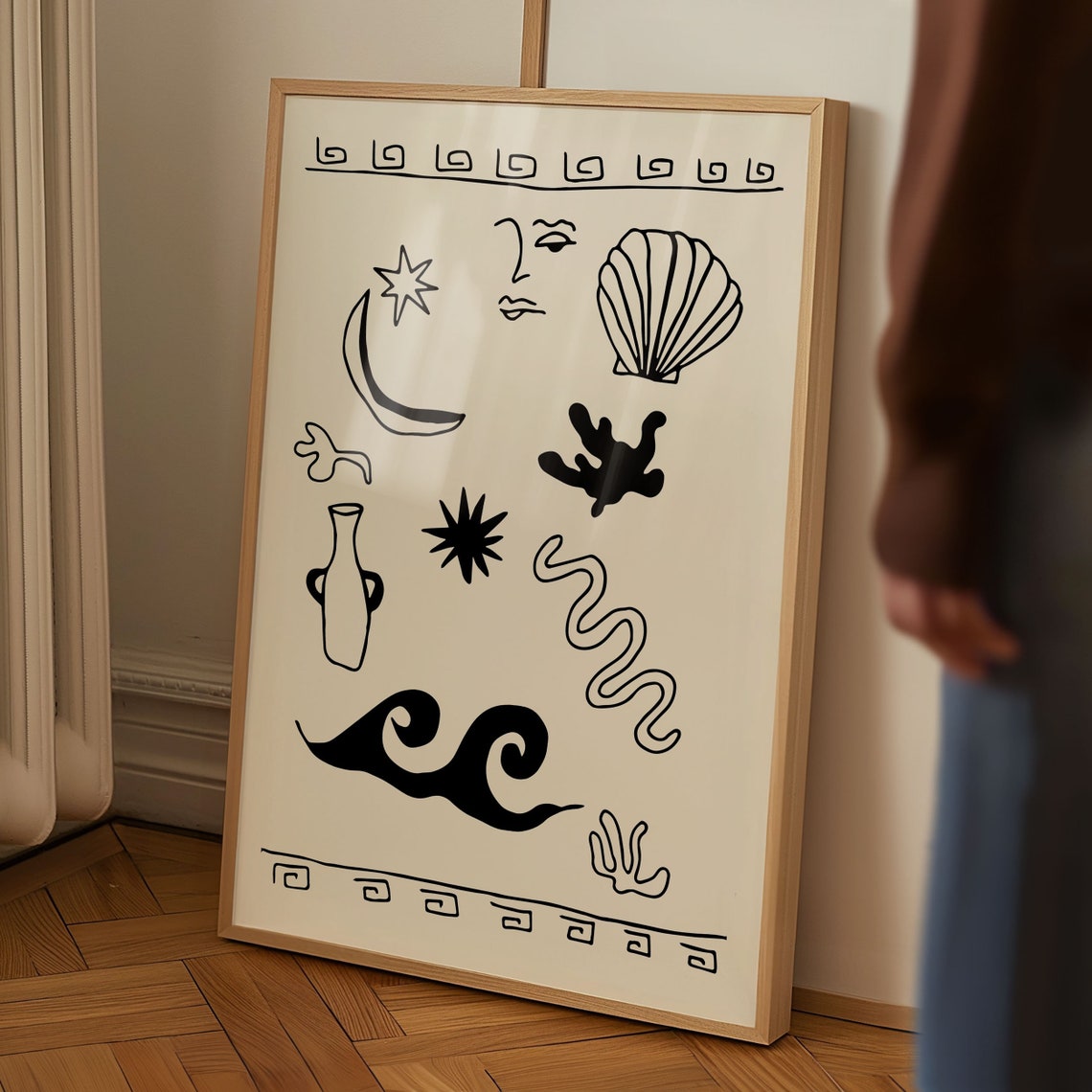 Greek Coastal Icons Black Line Art Shell Moon Wave Poster Decor - Image 3