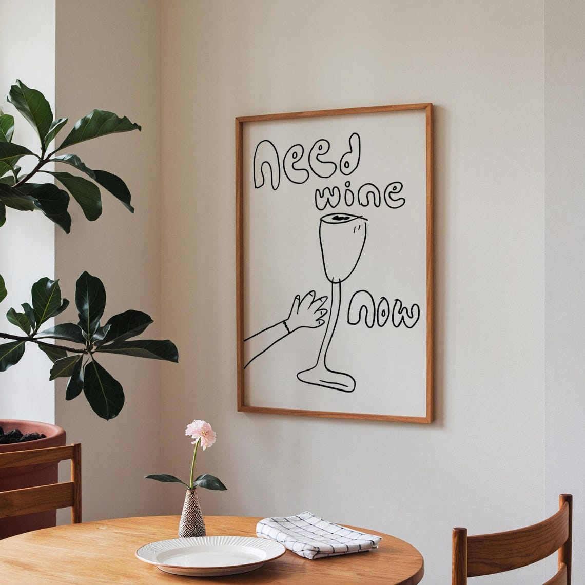 Need Wine Now Black Line Art Wine Glass Fun Kitchen Bar Cart Poster - Image 2