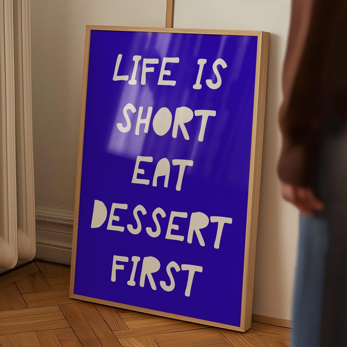 Life Is Short Eat Dessert First Blue Bold Foodie Quote Poster - Image 2