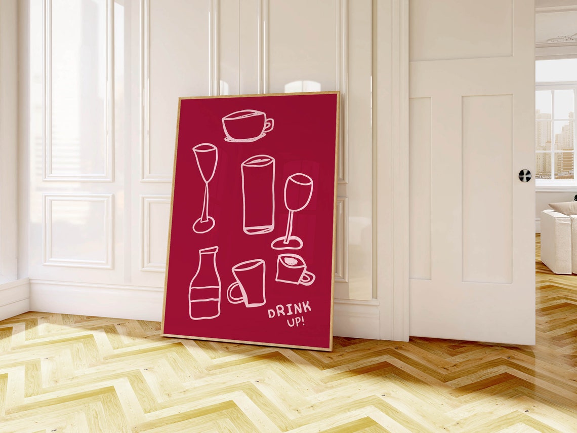 Red Drink Up Cream Line Art Cocktail Glasses Bar Decor Poster - Image 3
