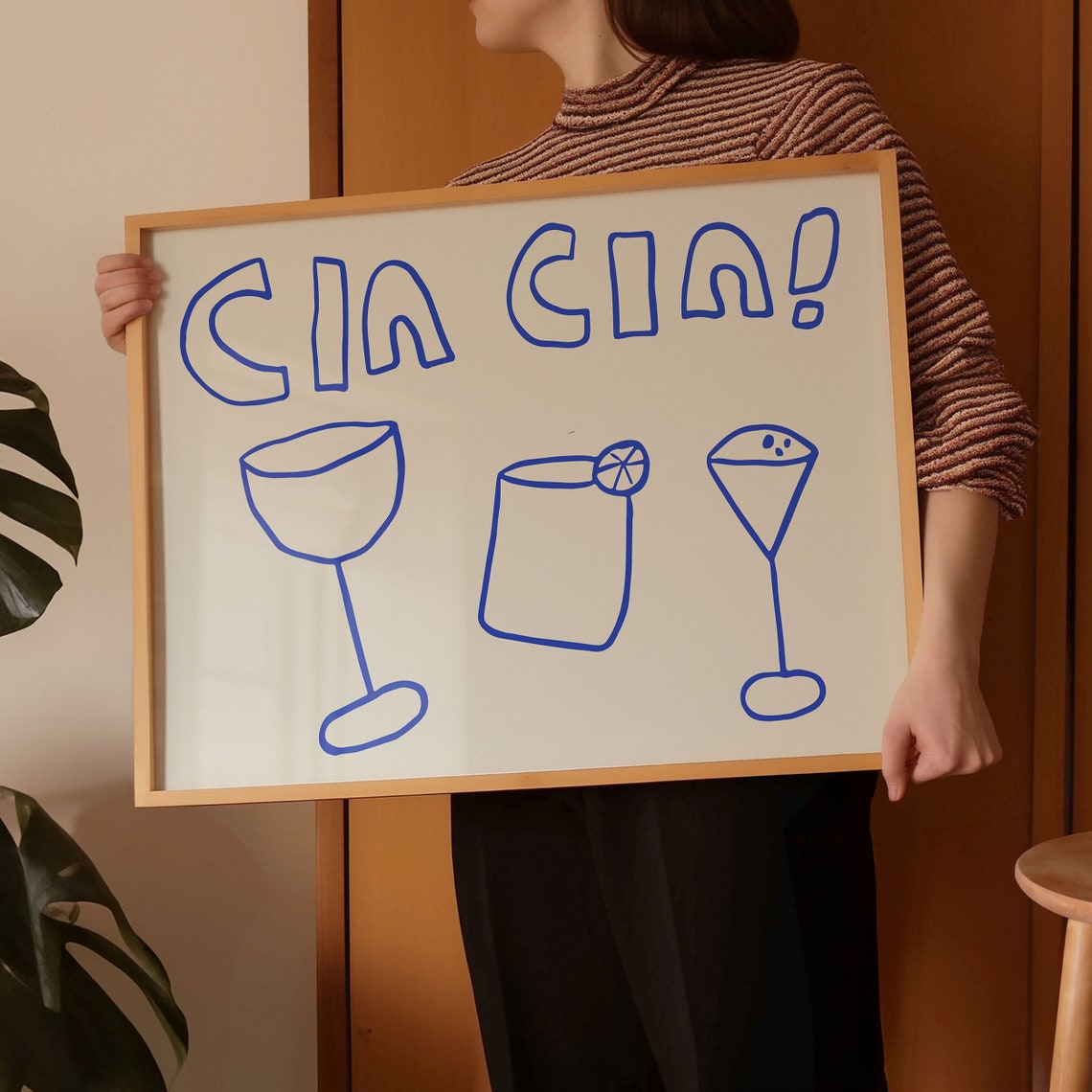 Cin Cin Blue Cocktail Glasses Italian Cheers Home Bar Decor Poster - Image 2