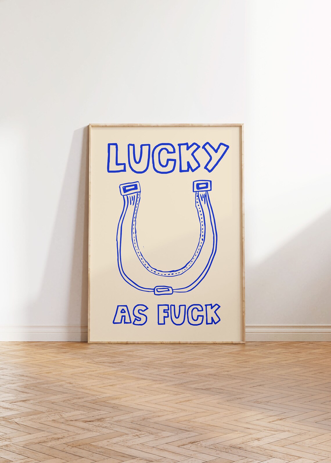 Lucky As Fuck Blue Horseshoe Outline Quote Typography Decor Poster - Image 3