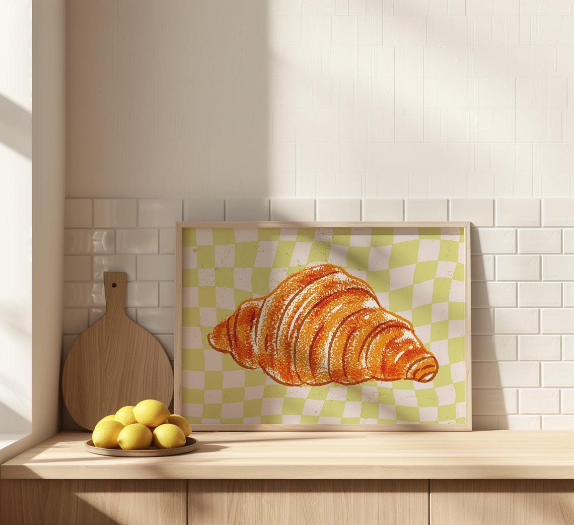 Croissant Art Checkered Background Retro Food Kitchen Poster - Image 3