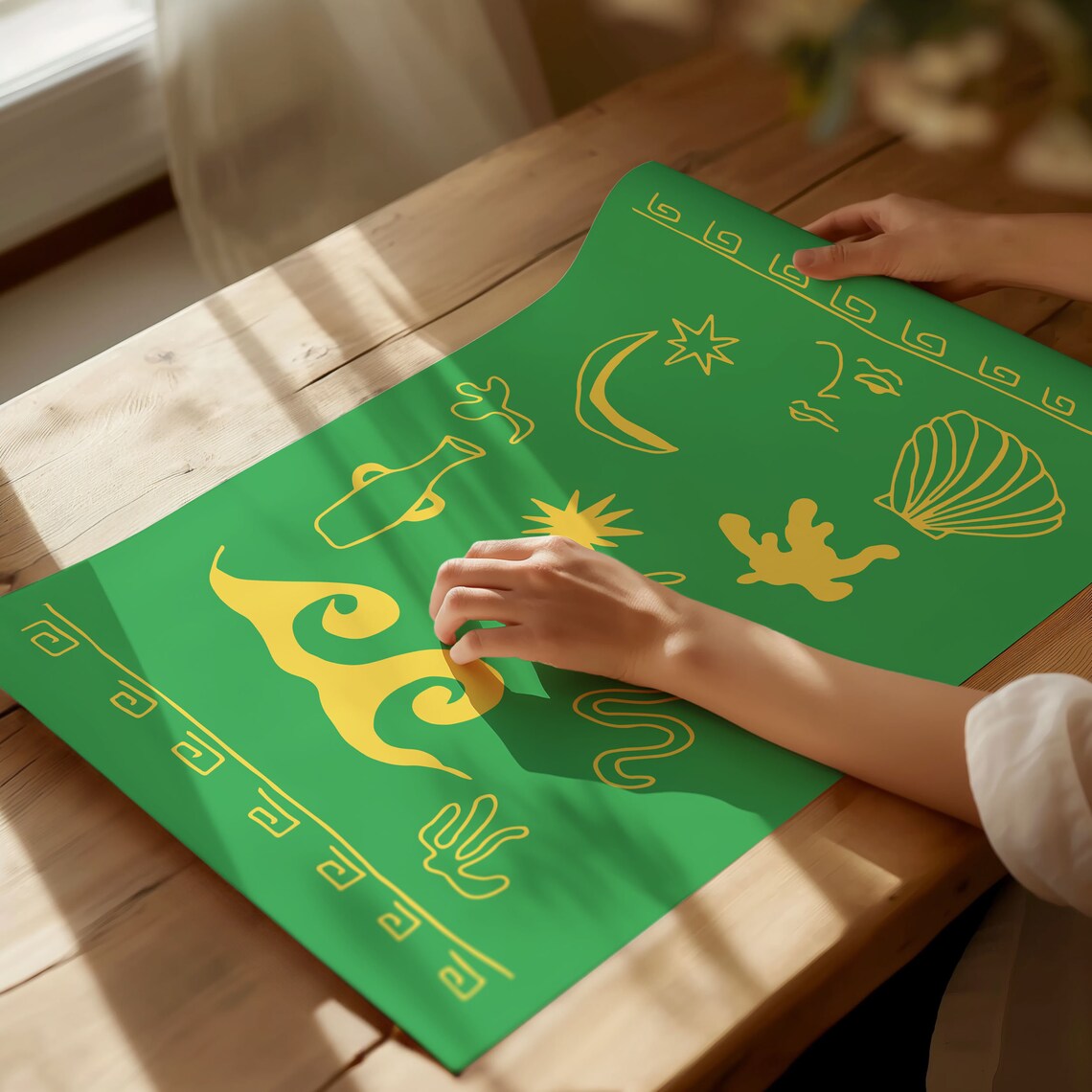 Greek Coastal Icons Gold Line Art on Green Shell Moon Poster - Image 2