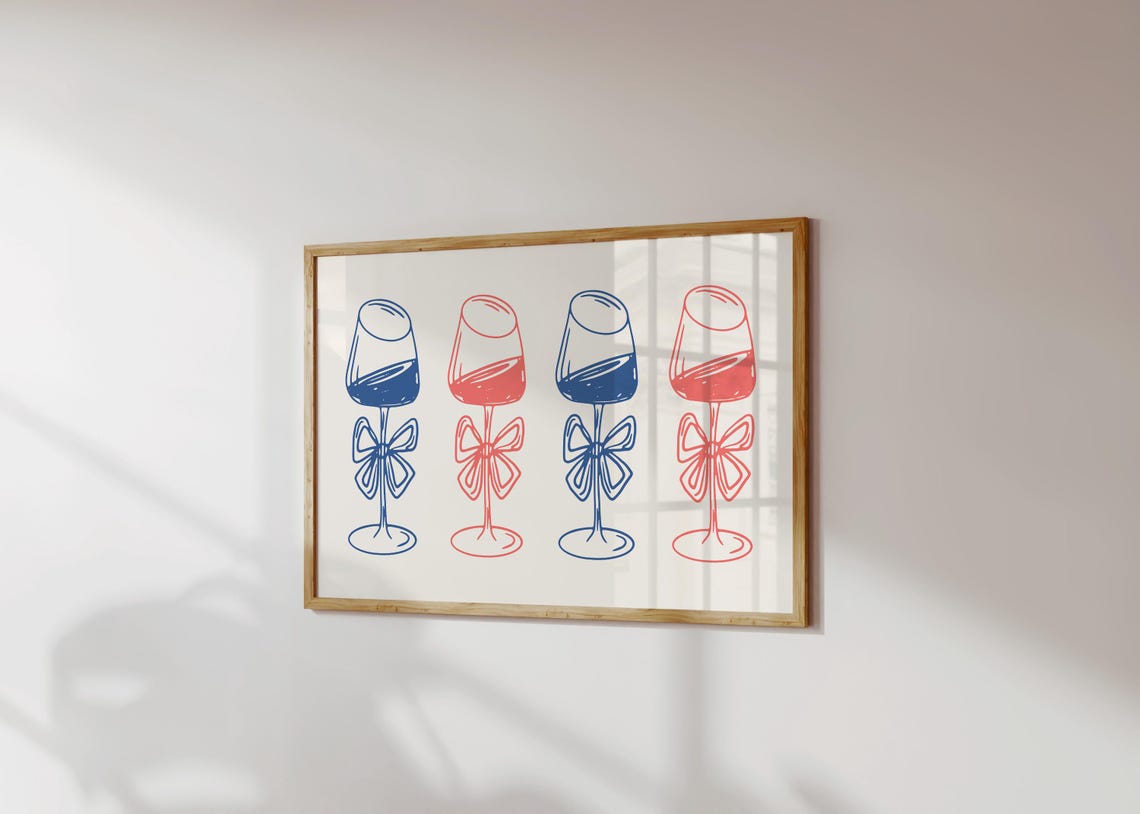 Wine Glasses With Bows Red Navy Line Art Chic Bar Cart Poster - Image 2