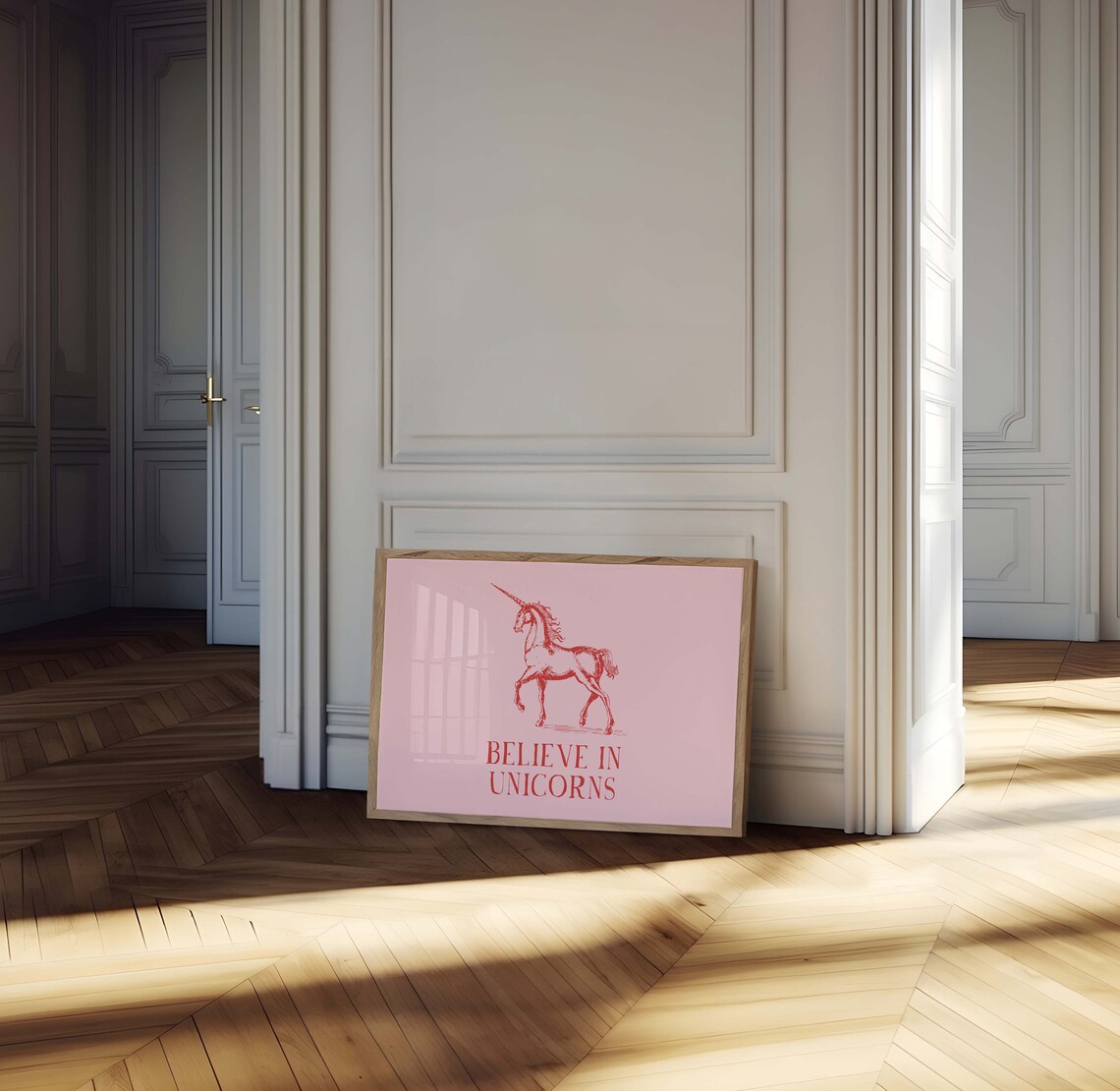 Believe In Unicorns Pink Red Unicorn Engraving Kids Room Poster - Image 3
