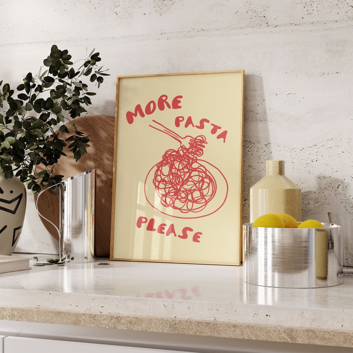 More Pasta Please Red Scribbled Spaghetti Fork Cream Kitchen Poster - Image 4