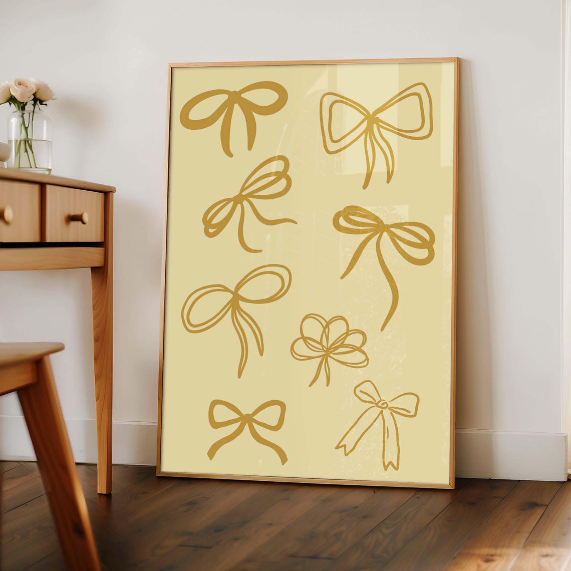 Golden Bow Line Art Cream Nursery Minimalist Room Decor Poster